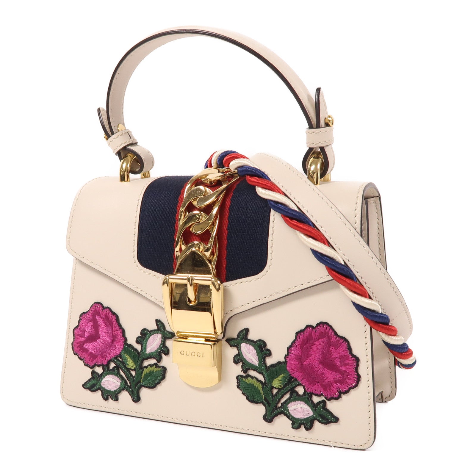 GUCCI 牛皮皮革Sylvie Mini Bag金扣手挽肩背兩用袋白色