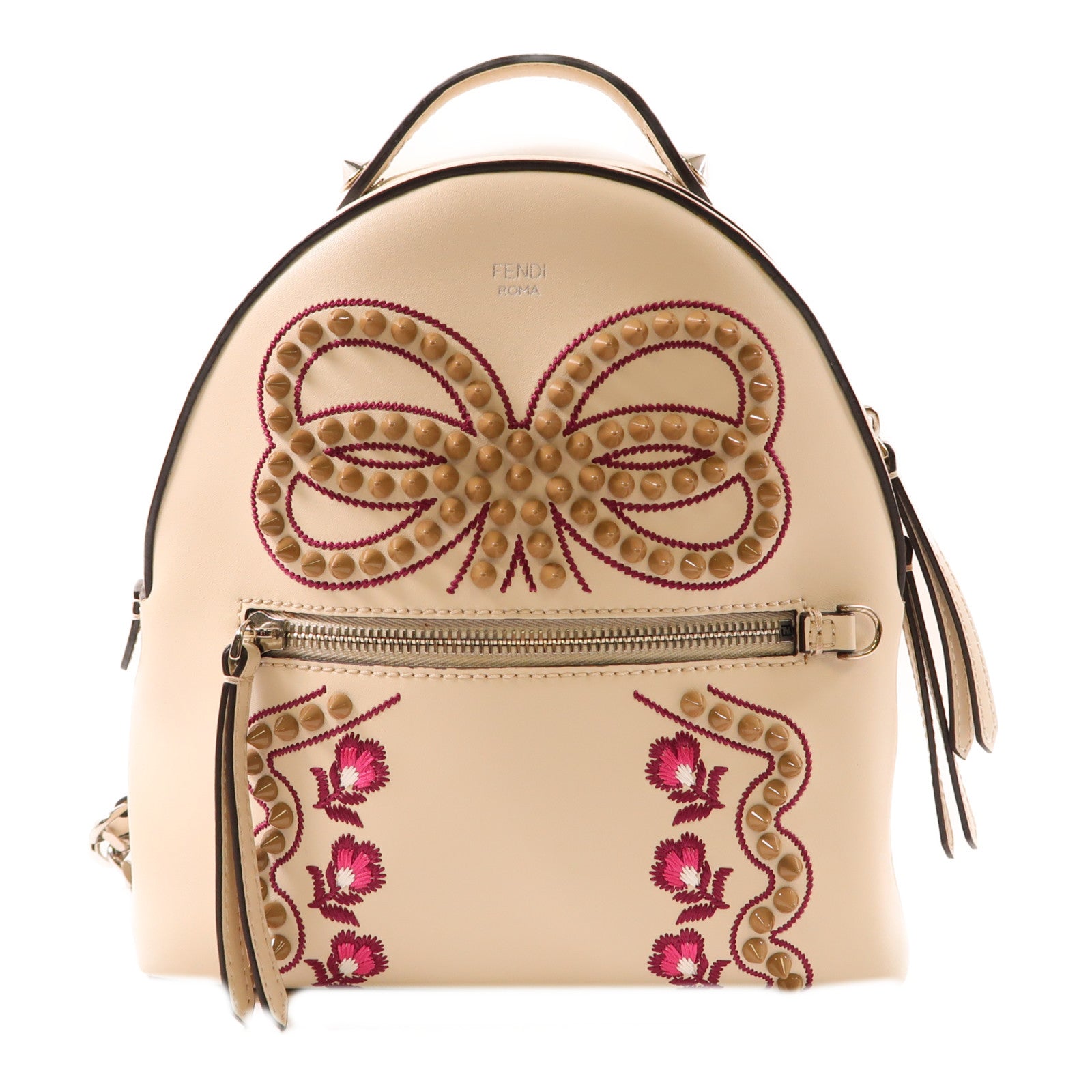 FENDI 羊皮皮革Backpack銀扣背包米色