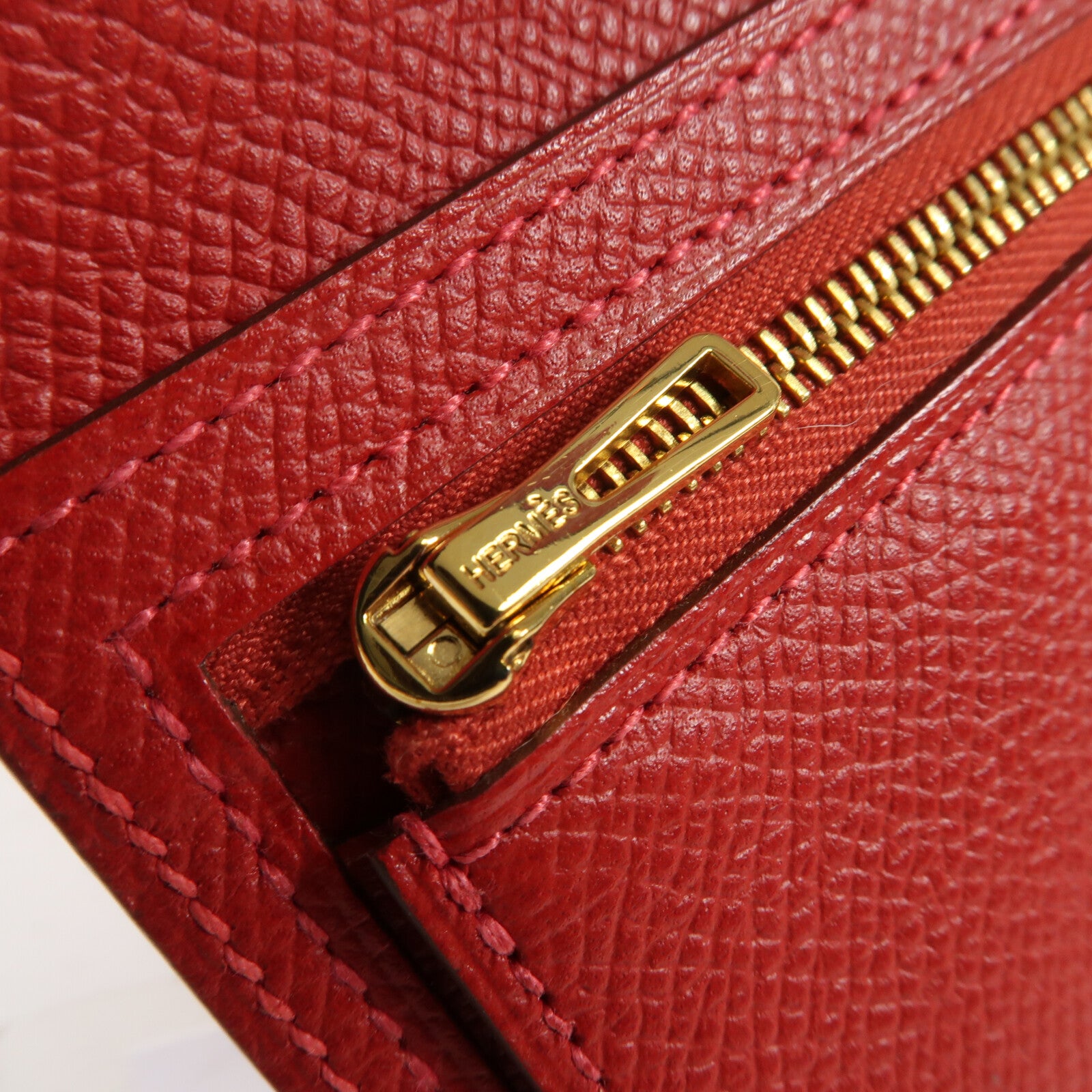 HERMES Epsom皮革Bearn W Snap金扣長錢包Rouge Casaque