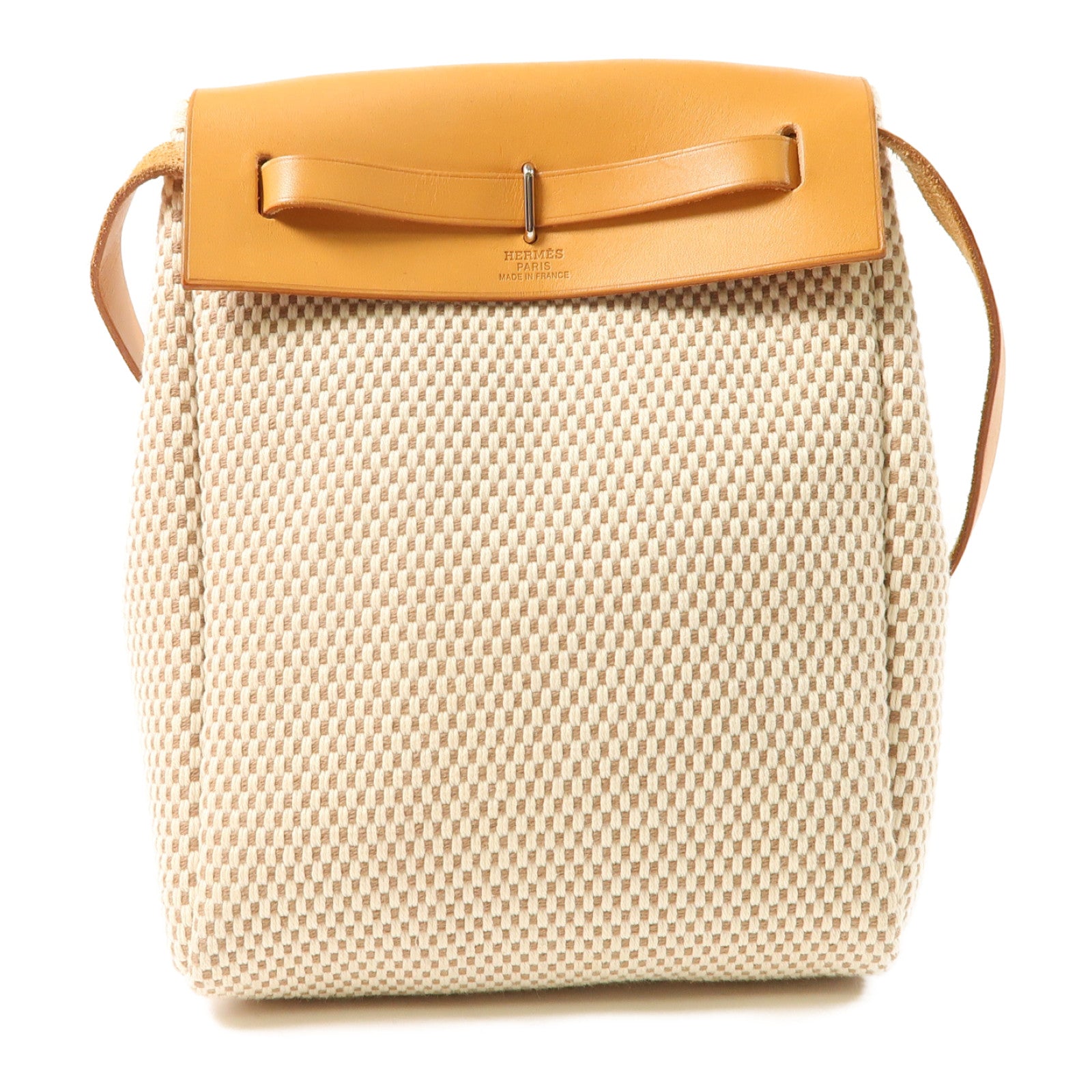 HERMES 帆布Mini Herbag銀扣肩背袋米色