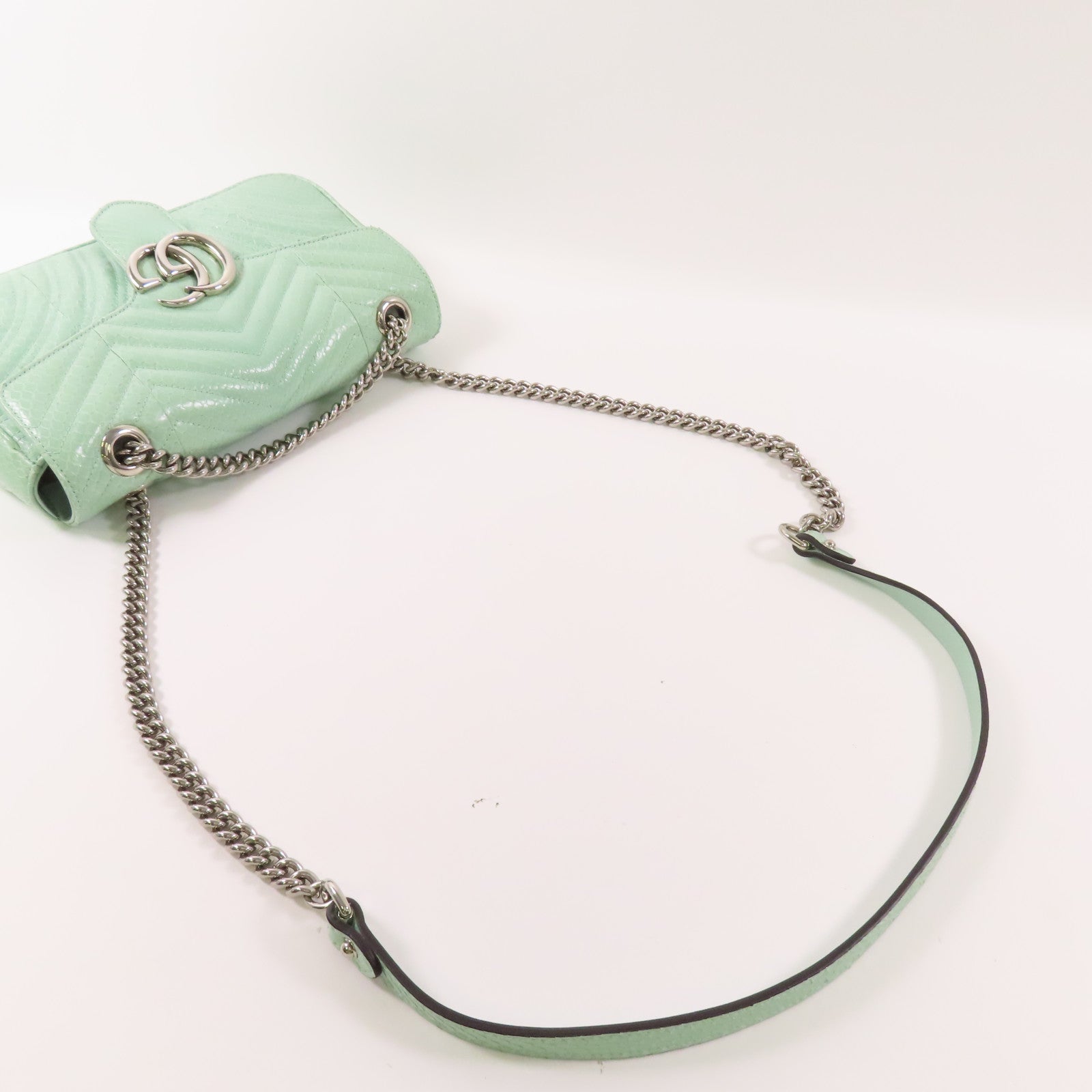 GUCCI 【激減優惠】蛇皮皮革GG Marmont銀扣鏈帶手挽肩背兩用袋