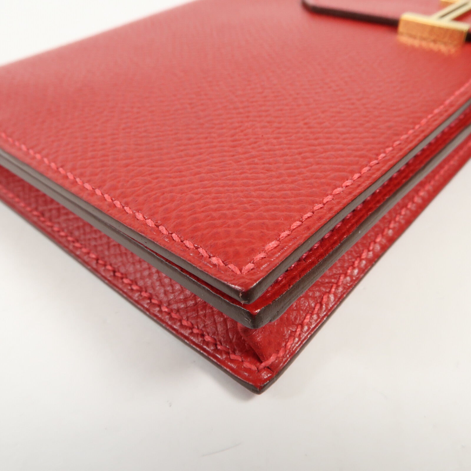 HERMES Epsom皮革Bearn W Snap金扣長錢包Rouge Casaque