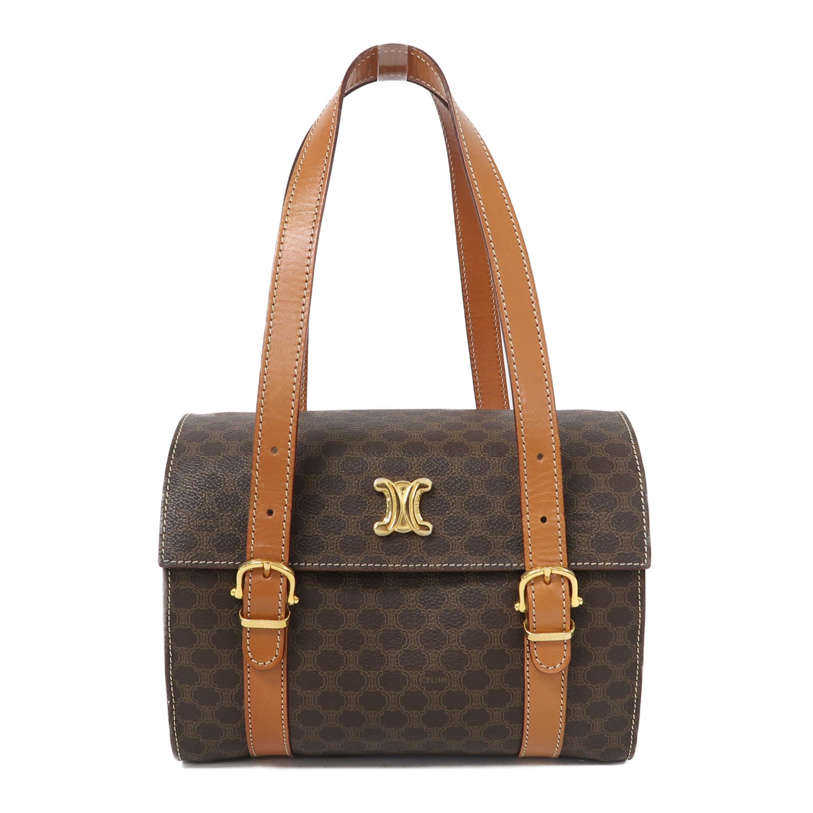 CELINE 塗層帆布Macadam肩背袋金扣啡色