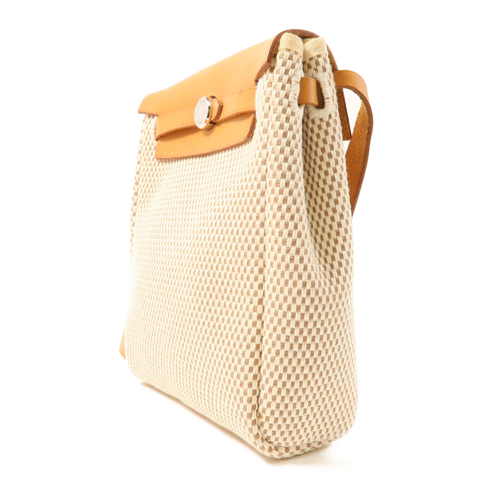HERMES 帆布Mini Herbag銀扣肩背袋米色