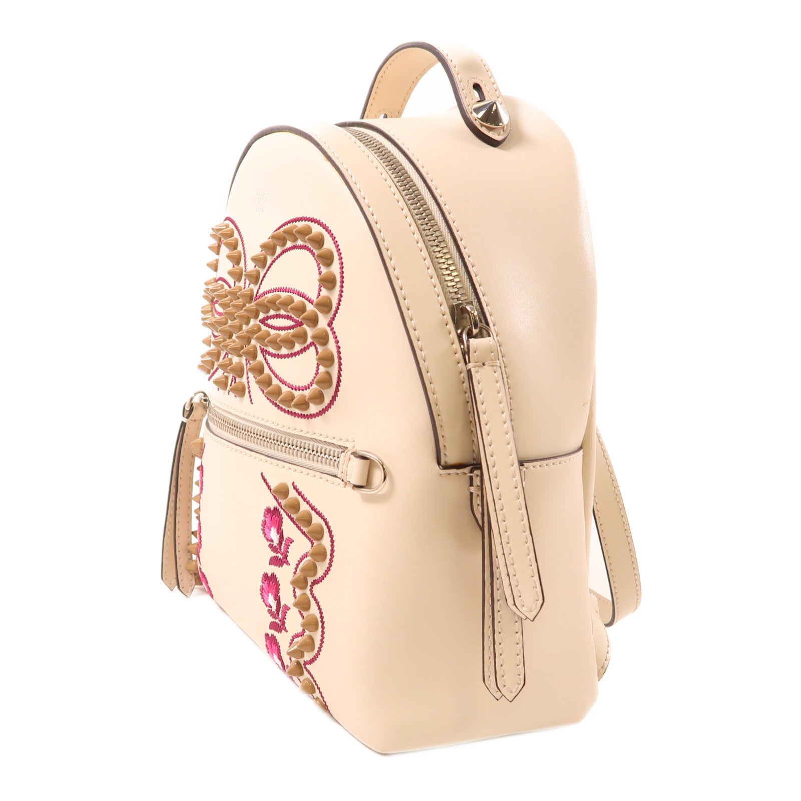 FENDI 羊皮皮革Backpack銀扣背包米色