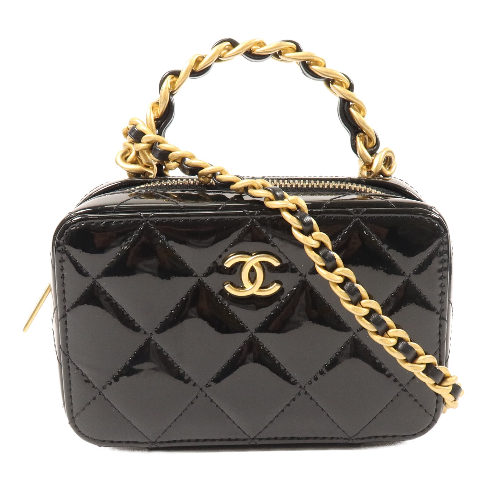 CHANEL 漆皮皮革Mini Vanity Case鏈帶手挽肩背兩用袋