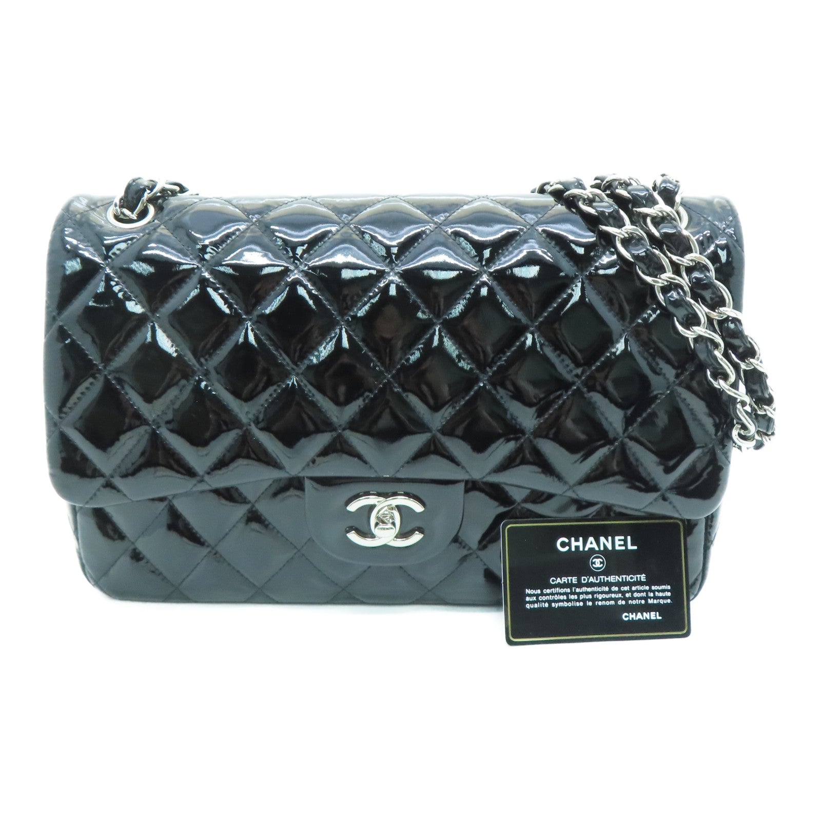 CHANEL 【激減優惠】菱格漆皮皮革Classic 30cm銀扣肩背袋黑色
