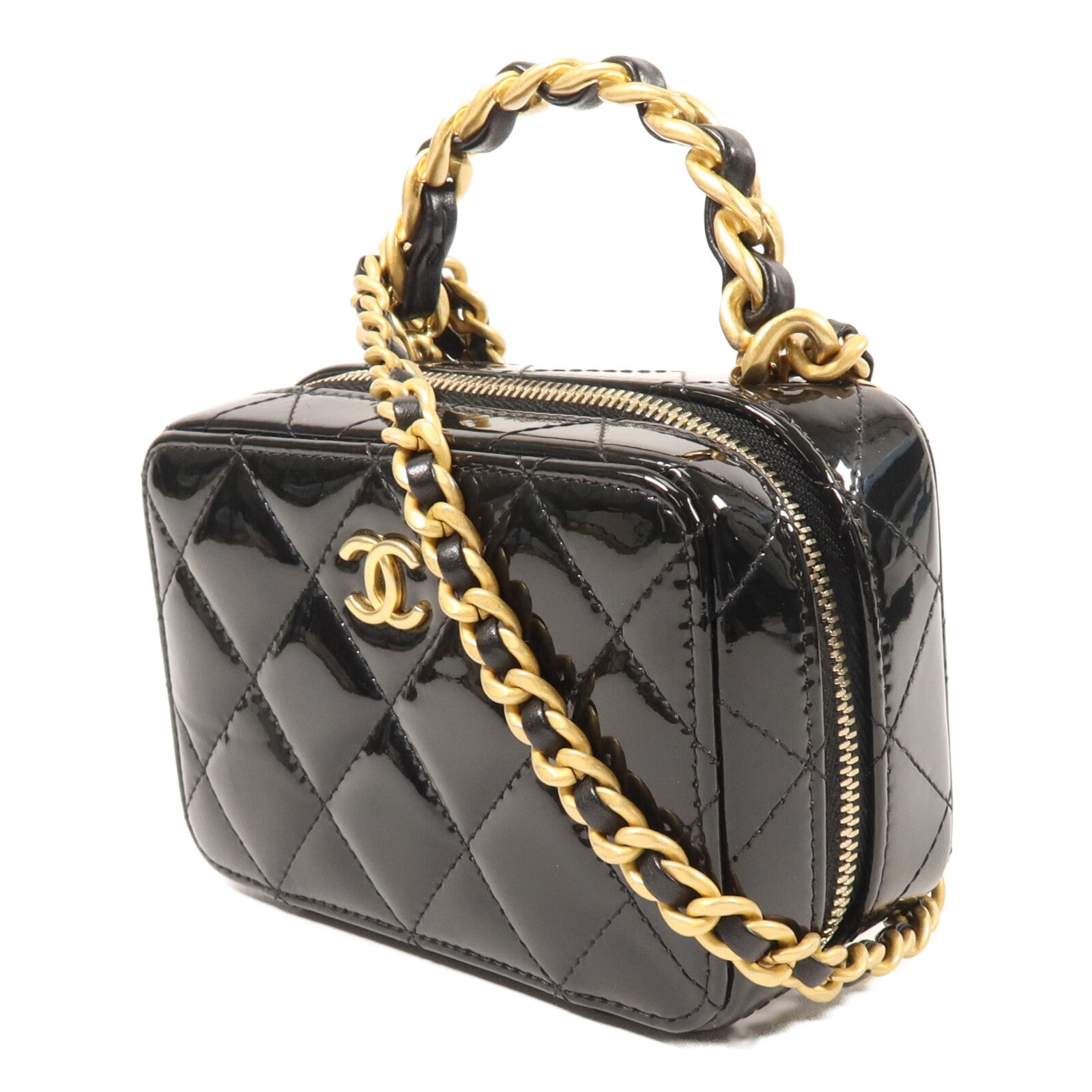CHANEL 漆皮皮革Mini Vanity Case鏈帶手挽肩背兩用袋