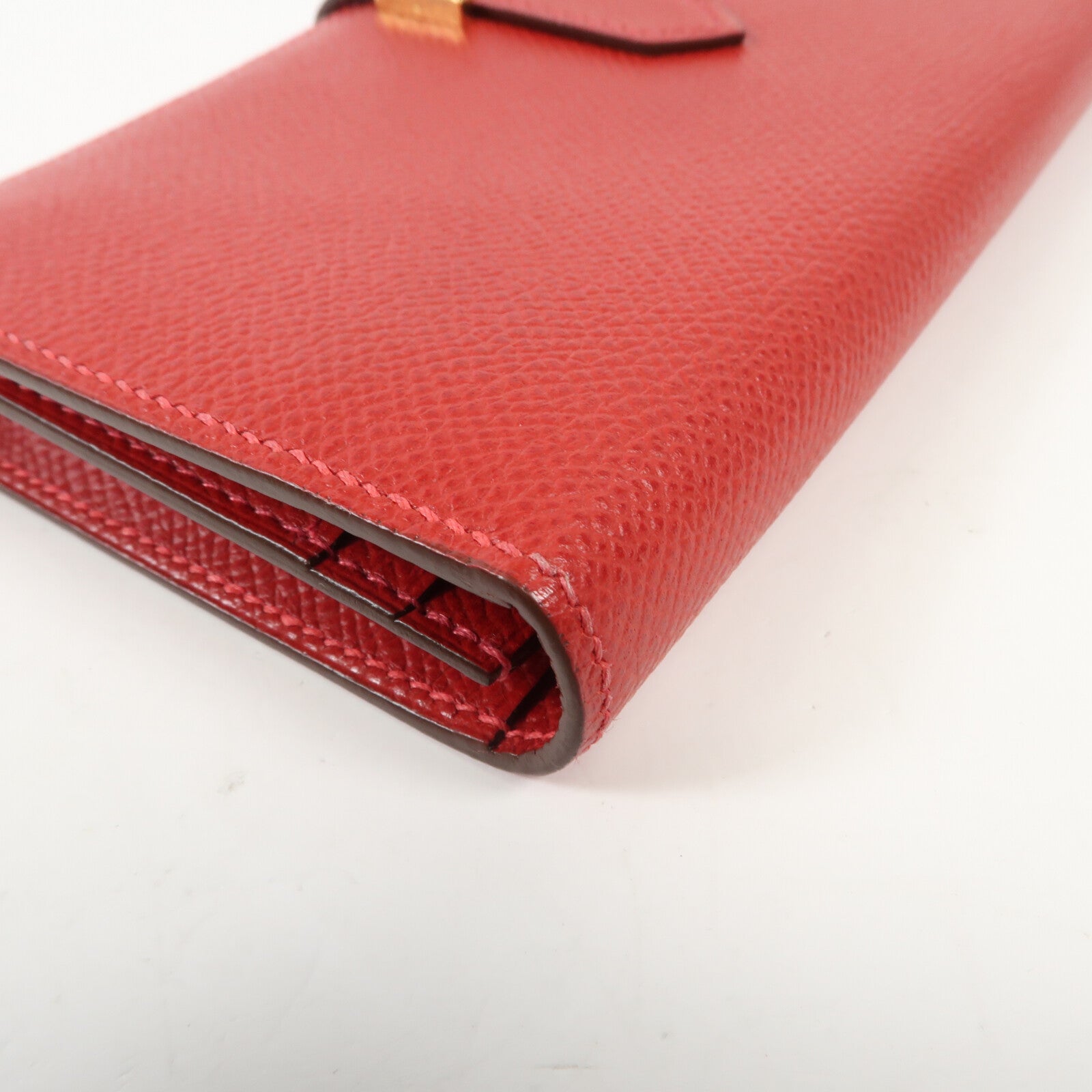 HERMES Epsom皮革Bearn W Snap金扣長錢包Rouge Casaque