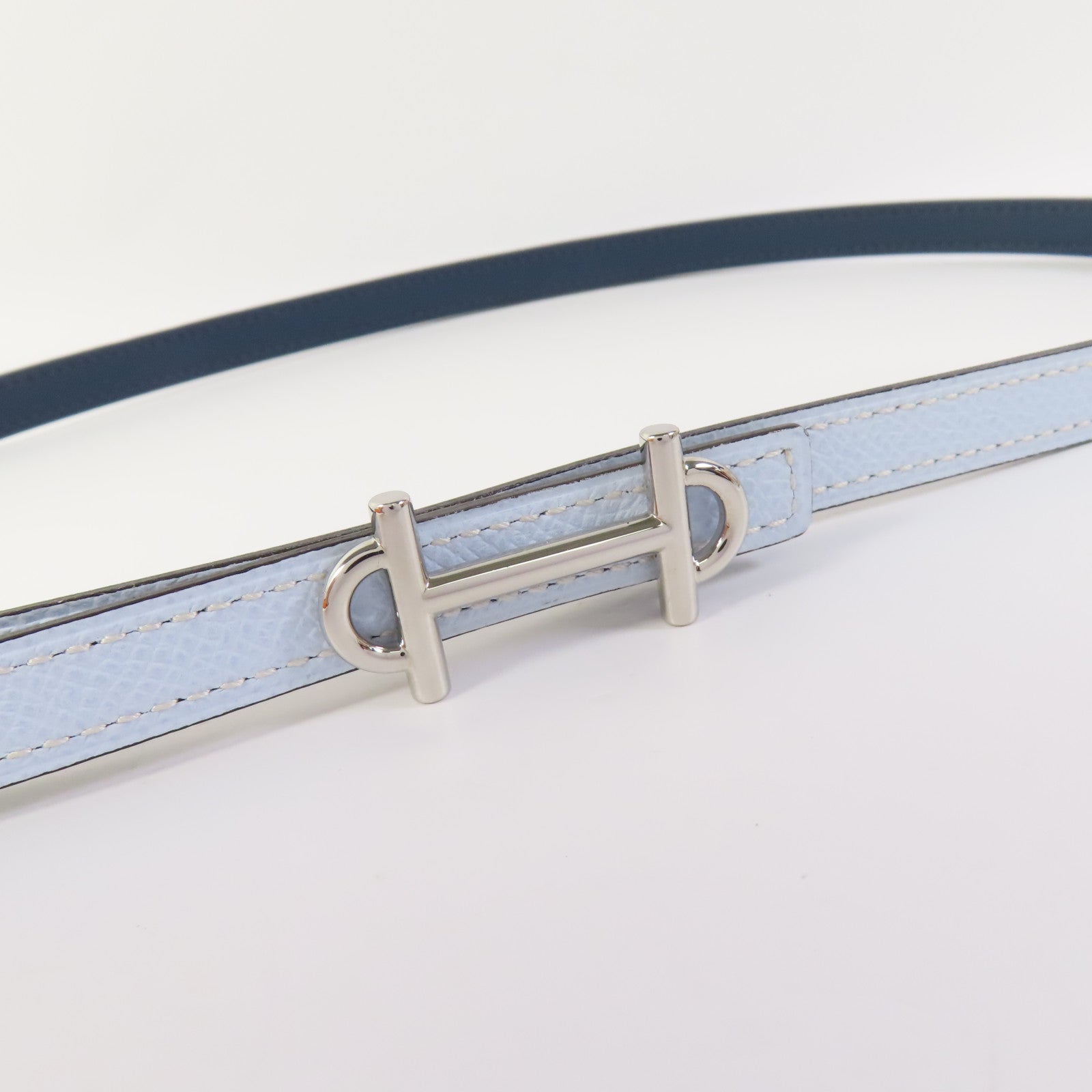 HERMES PHW Gamma Buckle Reversible 80cm Belt Epsom Leather Blue Brume