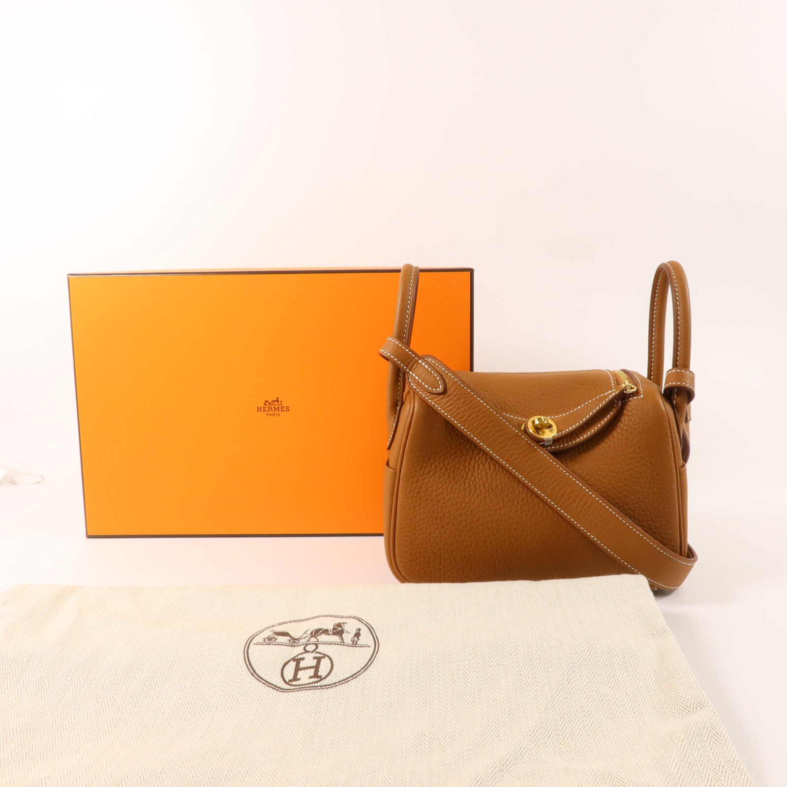 HERMES Clemence皮革Mini Lindy金扣手挽肩背兩用袋Gold
