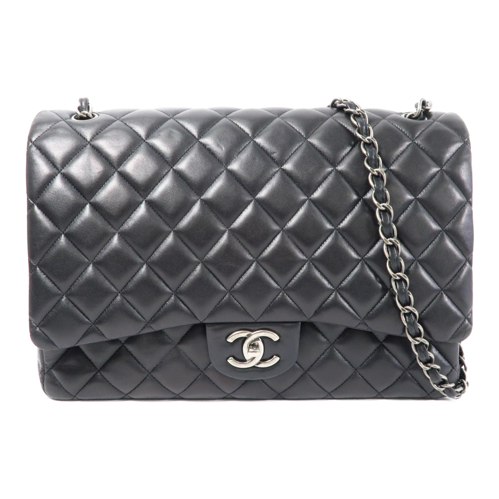 CHANEL 羊皮皮革Maxi Classic銀扣鏈帶肩背袋