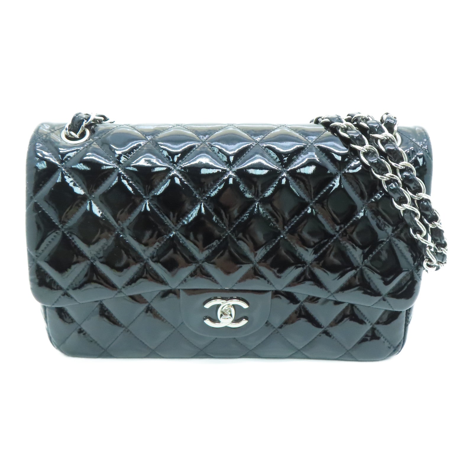 CHANEL 【激減優惠】菱格漆皮皮革Classic 30cm銀扣肩背袋黑色