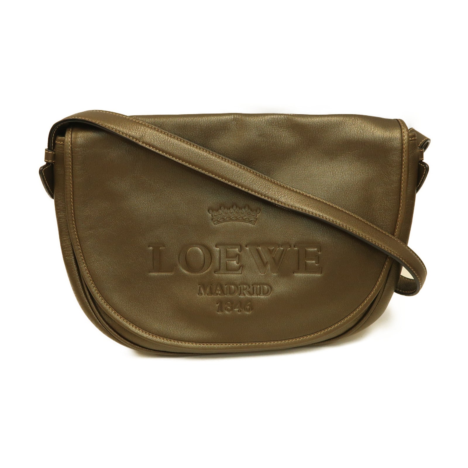 LOEWE 皮革Shoulder Bag銀扣肩背袋啡色