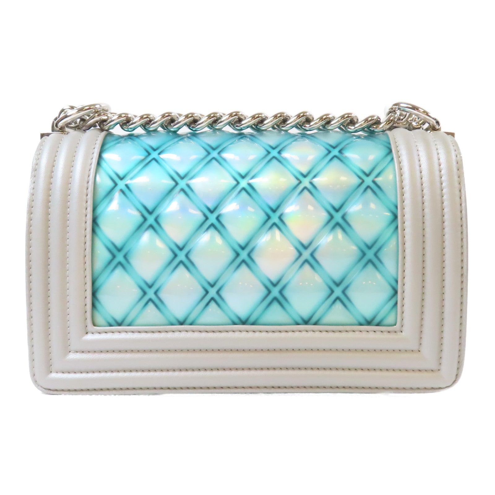 CHANEL 【激減優惠】菱格PVC/皮革Water Boy Flap Bag銀扣鏈帶肩背袋藍色/灰色