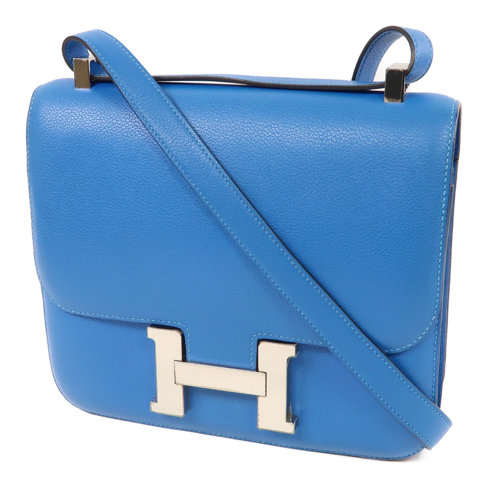 HERMES Evercolor皮革Constance 24銀扣肩背袋坦桑尼亞藍色