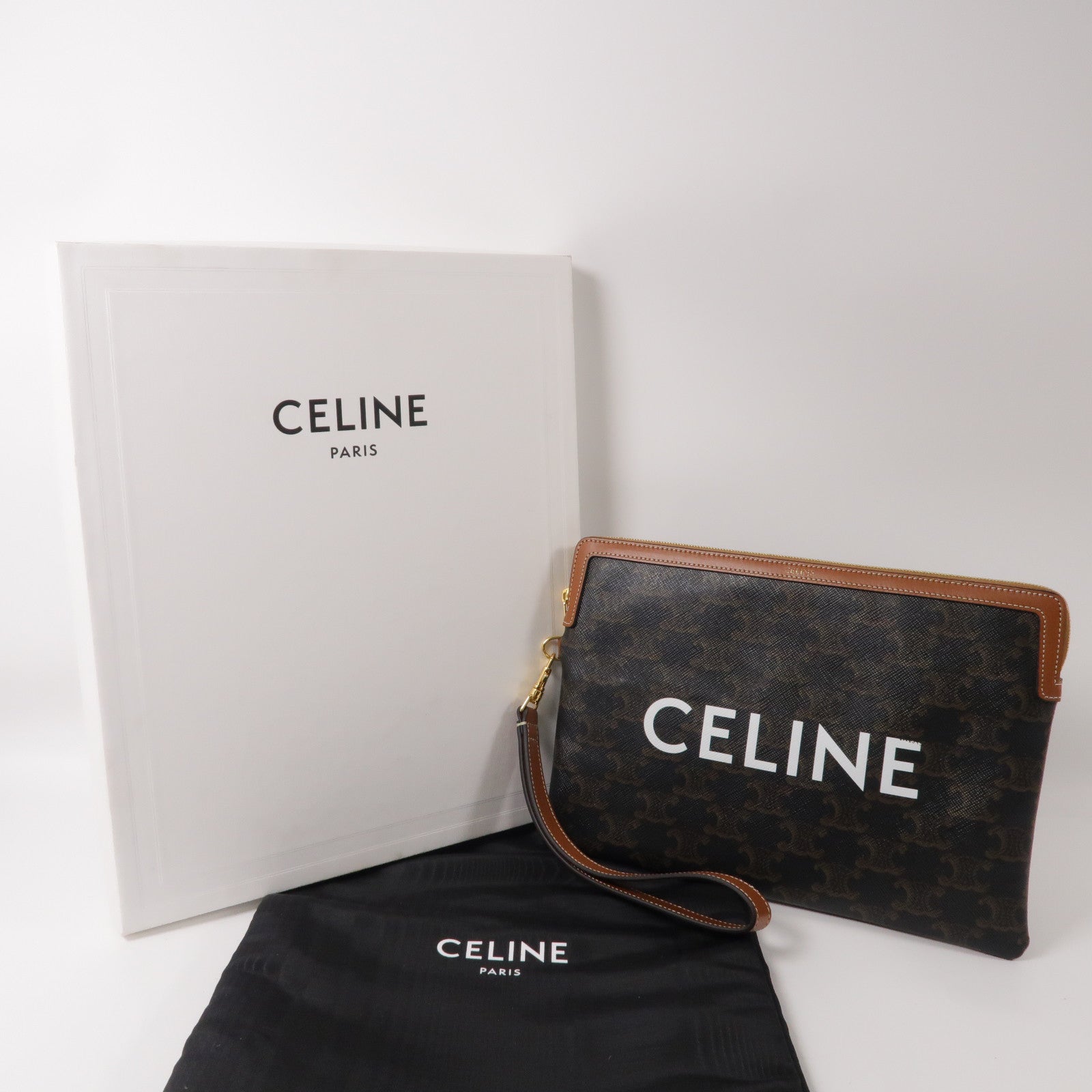 CELINE 牛皮皮革Small Pouch金扣手拿包啡色