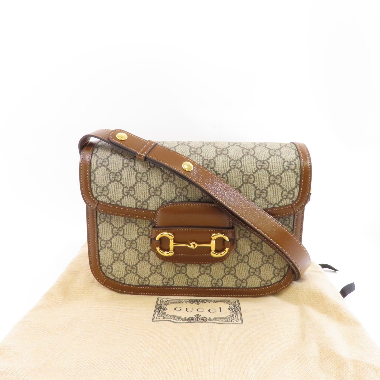 GUCCI 塗層帆布/皮革Horsebit 1955金扣肩背袋啡色