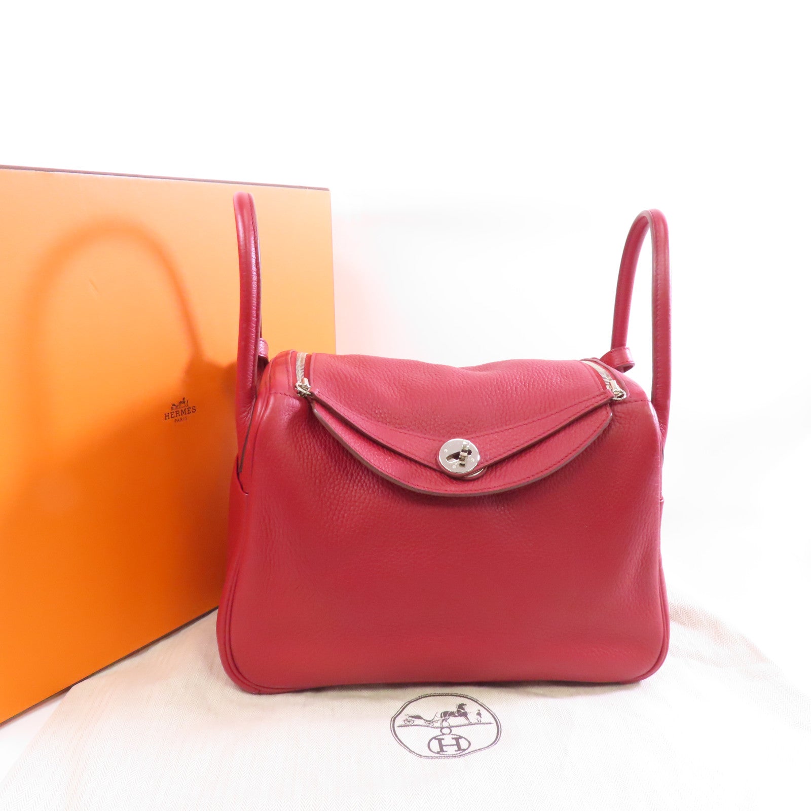 HERMES Clemence皮革Lindy 30銀扣手挽肩背兩用袋紅色/Rouge casaque