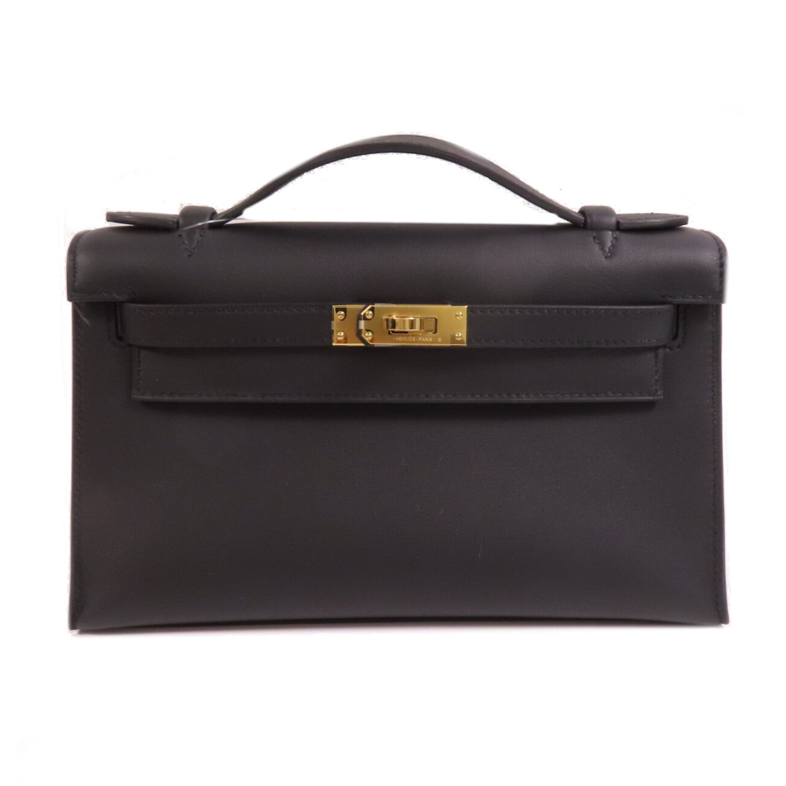 HERMES 【激減優惠】Swift皮革Kelly Pochette金扣手挽袋Noir