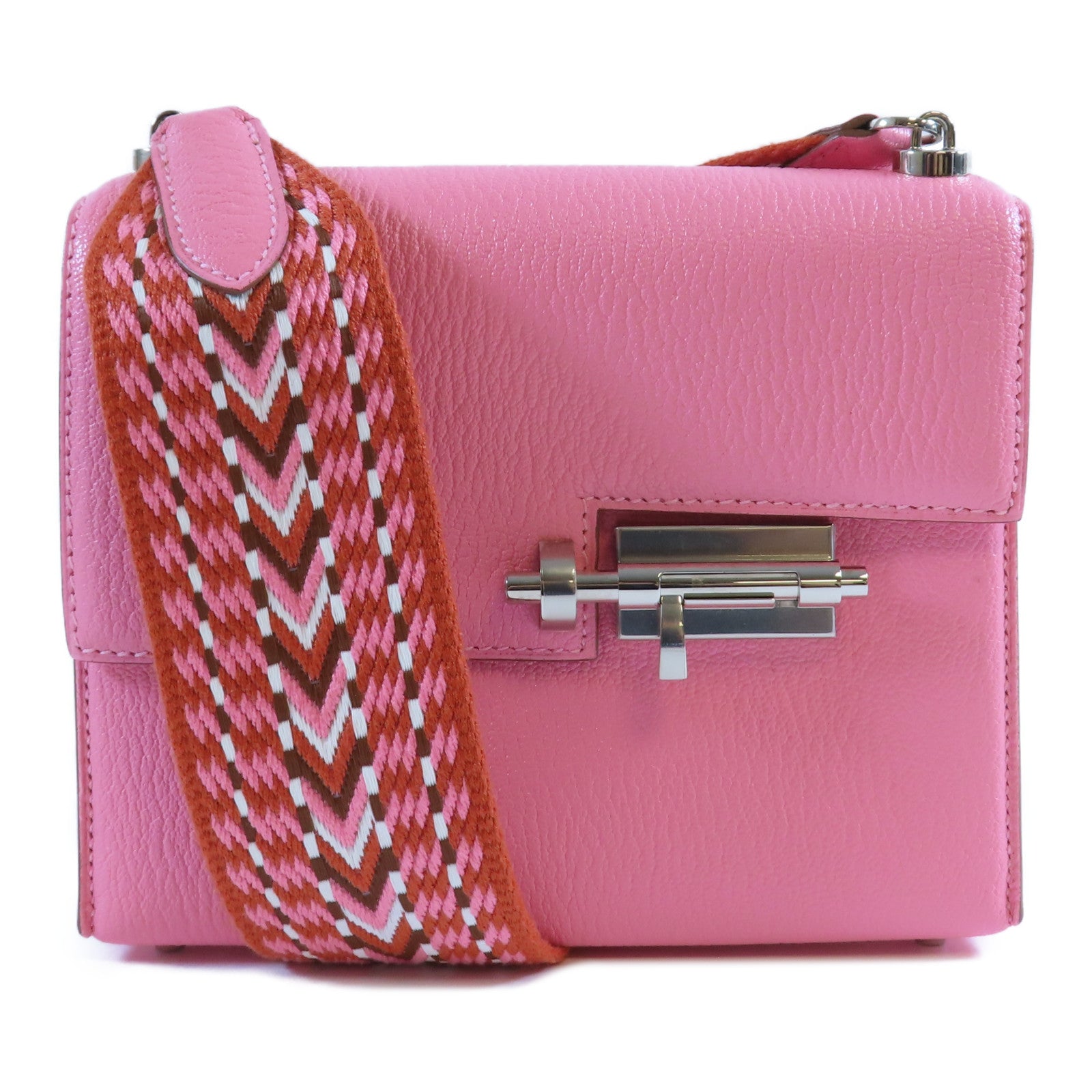 HERMES **【激減優惠】Chevre皮革Mini Verrou銀扣肩背袋Rose D'ete夏日玫瑰粉紅色