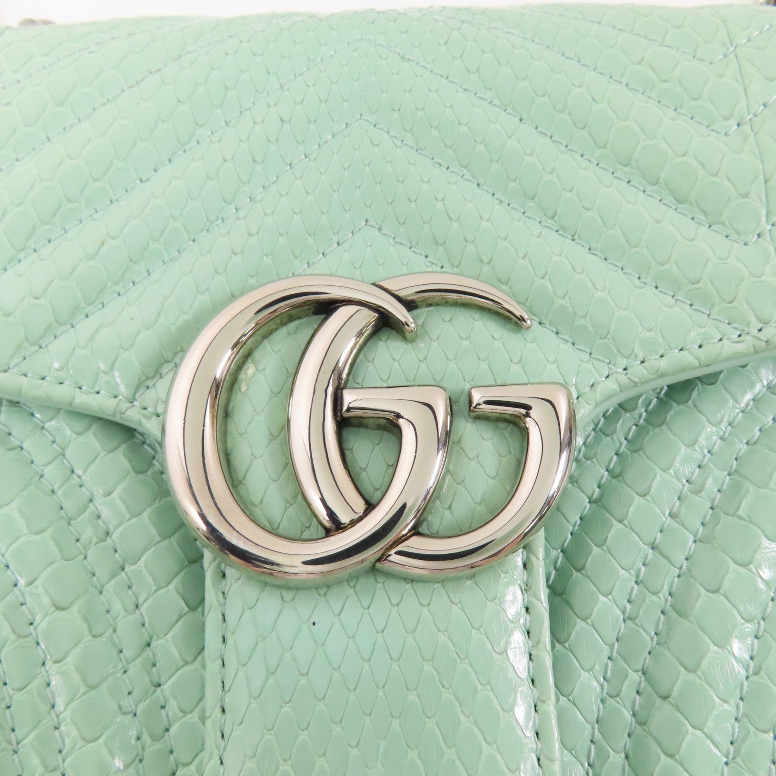 GUCCI 蛇皮皮革GG Marmont銀扣鏈帶手挽肩背兩用袋