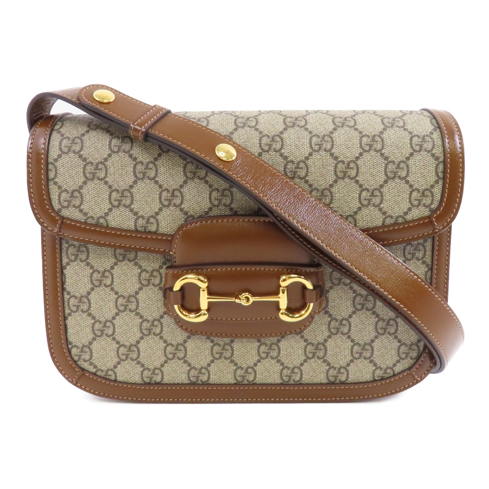 GUCCI 塗層帆布/皮革Horsebit 1955金扣肩背袋啡色