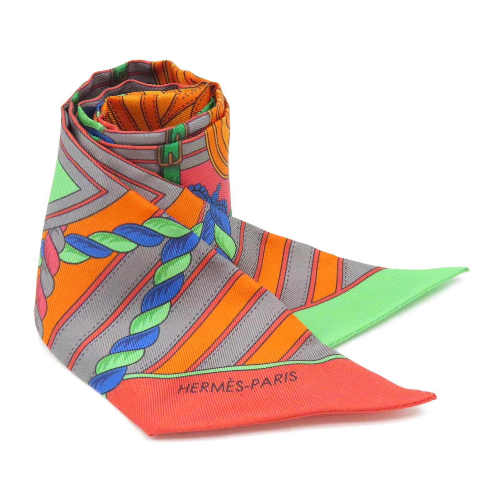 HERMES 【激減優惠】絲綢Twilly絲巾橙色/綠色
