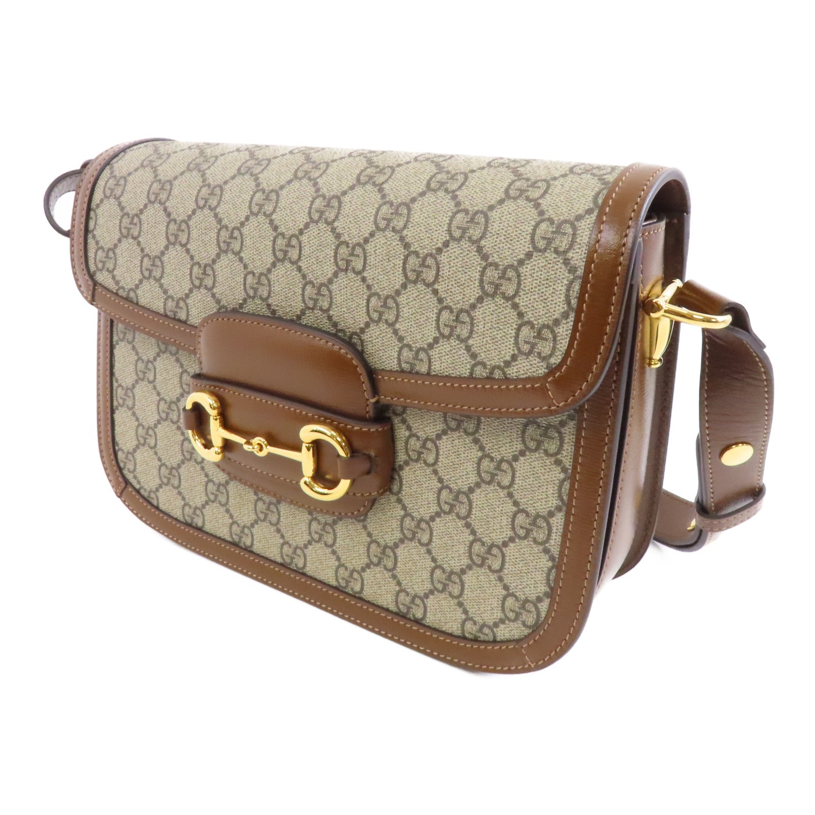 GUCCI 塗層帆布/皮革Horsebit 1955金扣肩背袋啡色