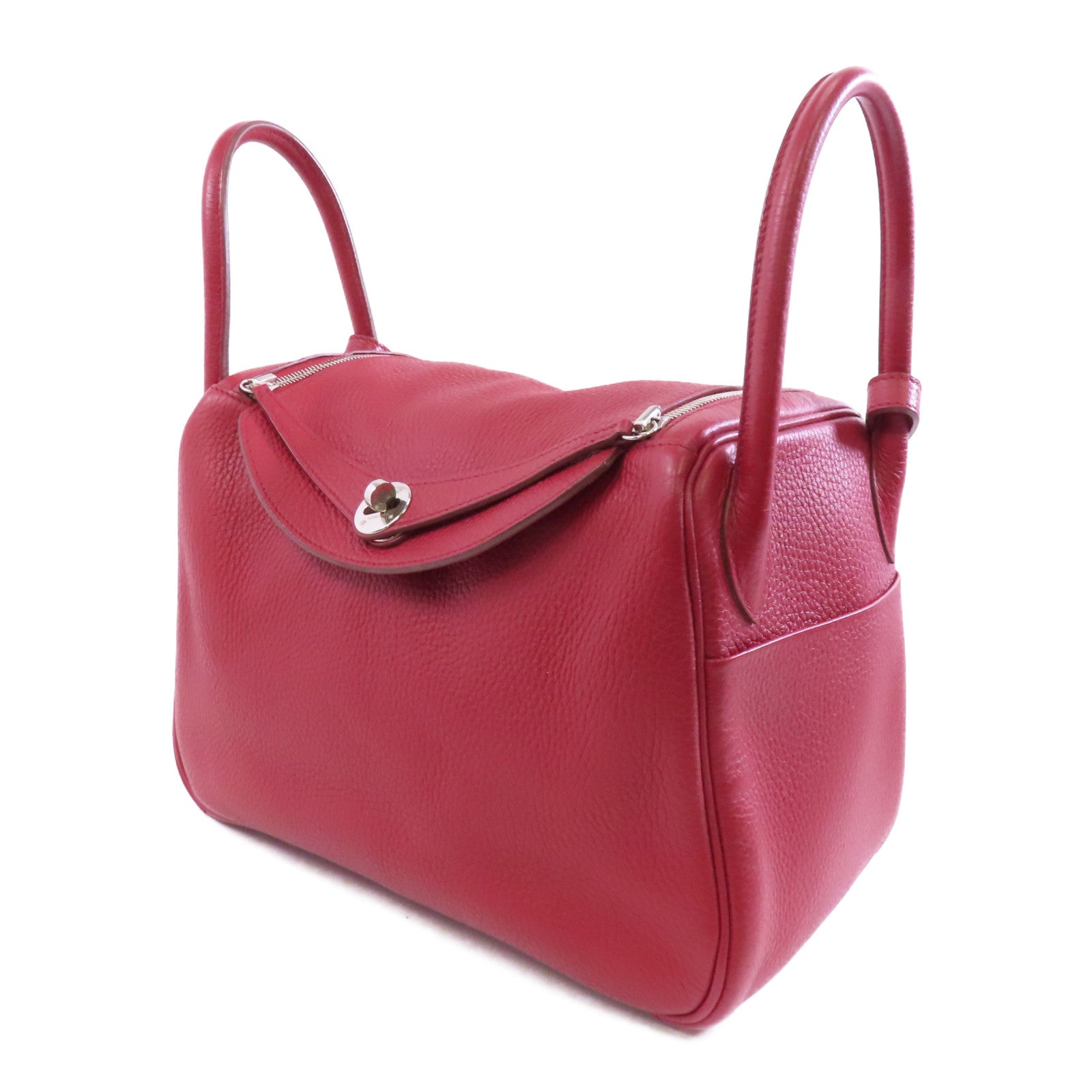 HERMES Clemence皮革Lindy 30銀扣手挽肩背兩用袋紅色/Rouge casaque