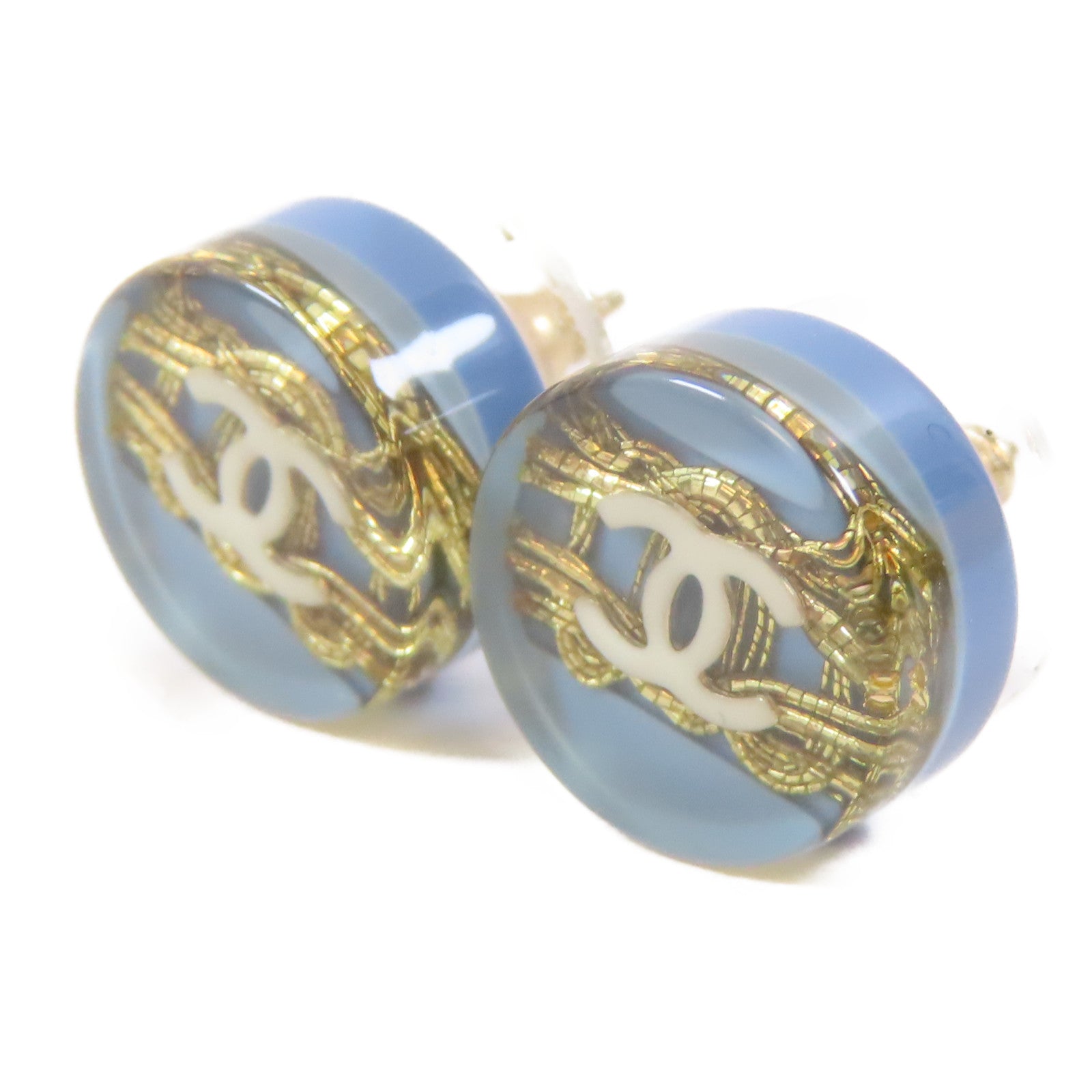 CHANEL PVC/金屬Pierced Earrings耳環金色/藍色/白色