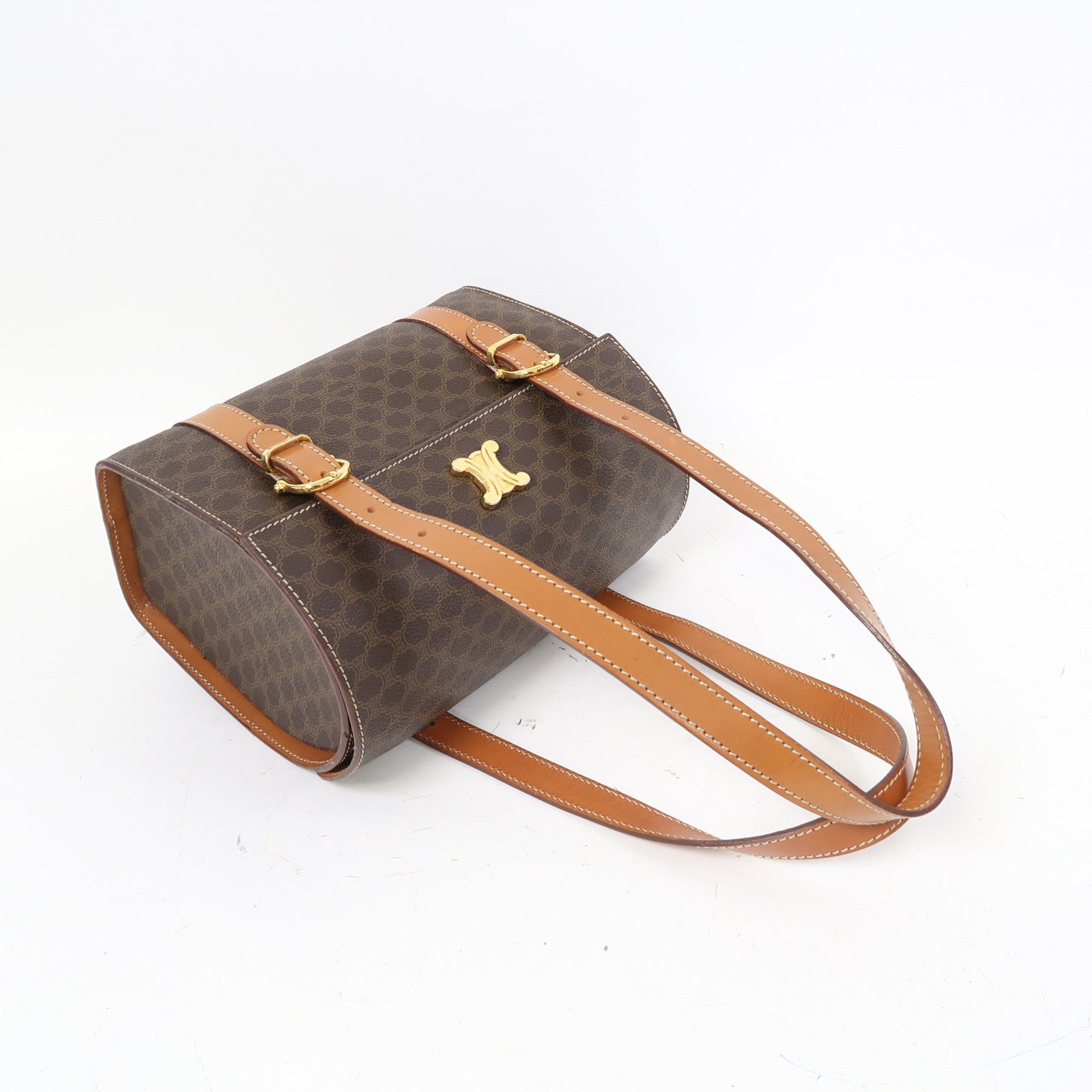CELINE 塗層帆布Macadam肩背袋金扣啡色