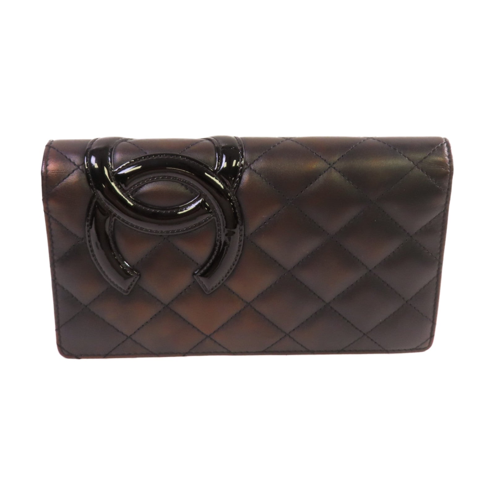 CHANEL 菱格羊皮皮革Cambon Long Wallet銀扣長錢包黑色/粉紅色