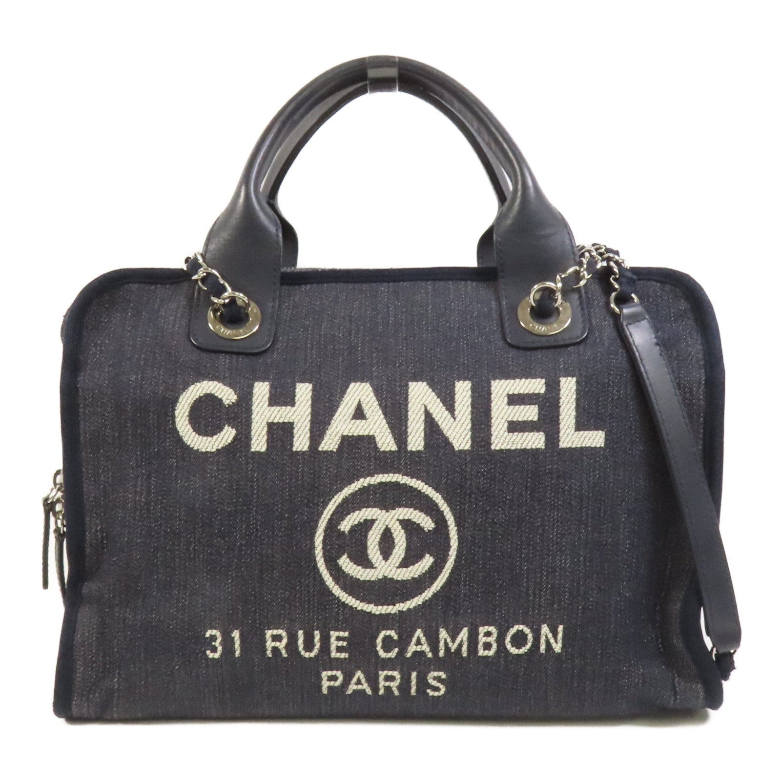 CHANEL 帆布Deauville Chain Tote銀扣鏈帶手挽肩背兩用袋