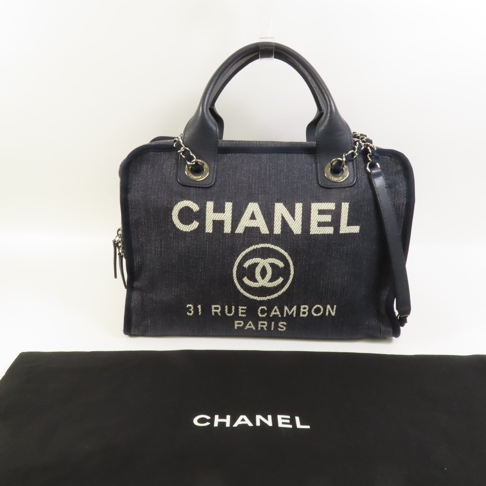 CHANEL 帆布Deauville Chain Tote銀扣鏈帶手挽肩背兩用袋