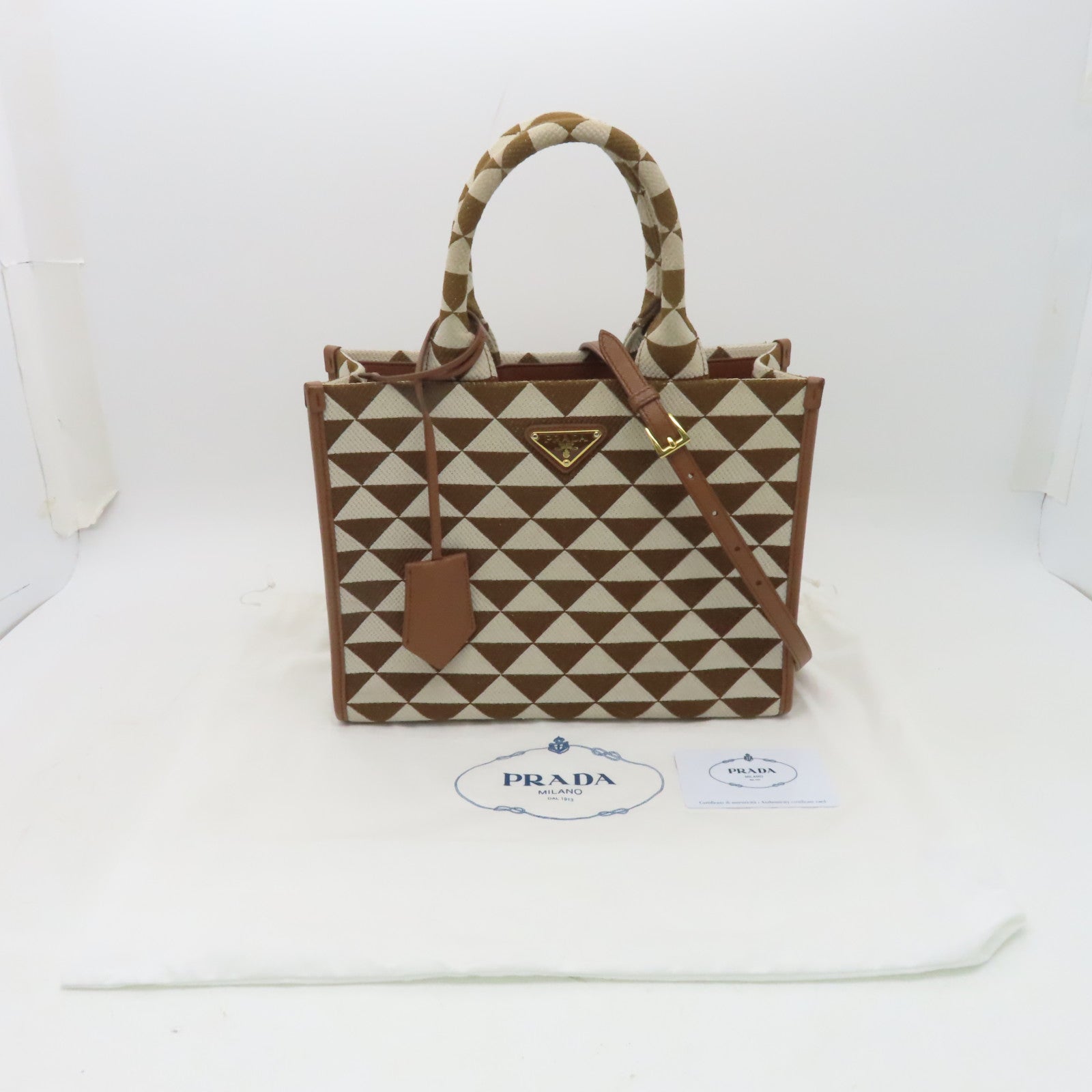 PRADA 【激減優惠】帆布2 Way Shoulder金扣手挽肩背兩用袋白色/啡色