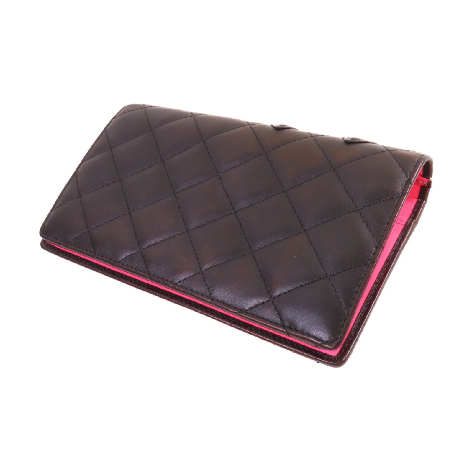 CHANEL 菱格羊皮皮革Cambon Long Wallet銀扣長錢包黑色/粉紅色