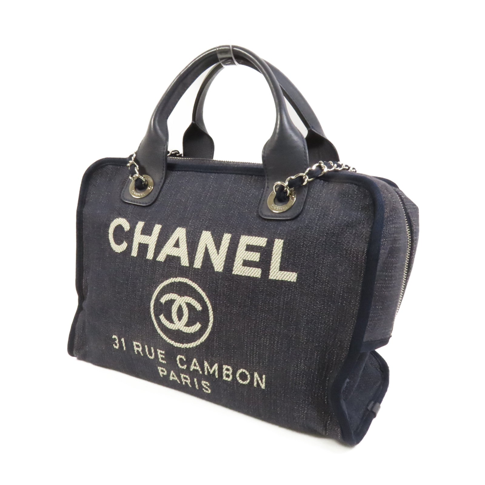 CHANEL 帆布Deauville Chain Tote銀扣鏈帶手挽肩背兩用袋