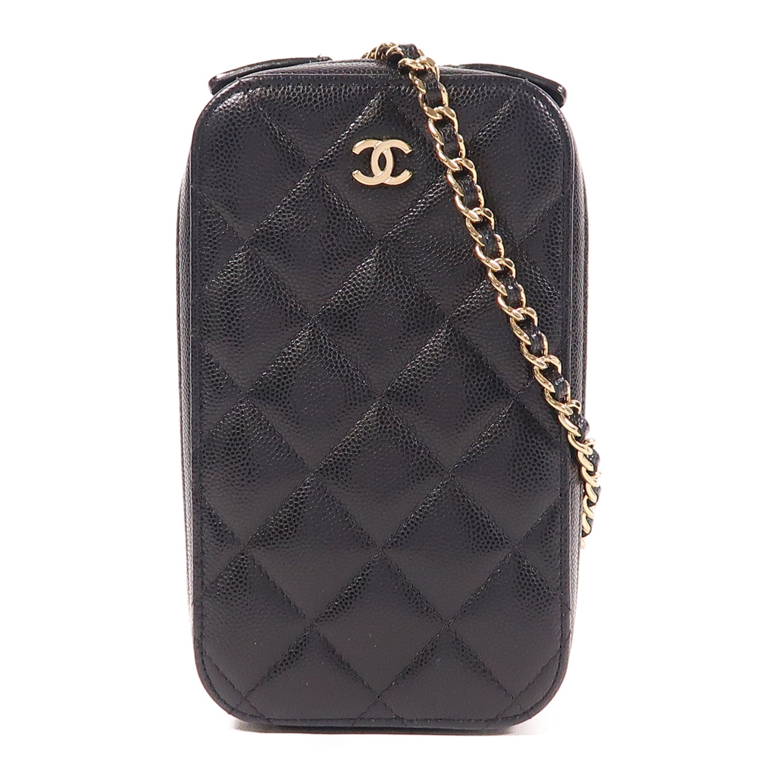 CHANEL CC GHW Phone Bag Chain Shoulder Bag Calfskin Leather Black