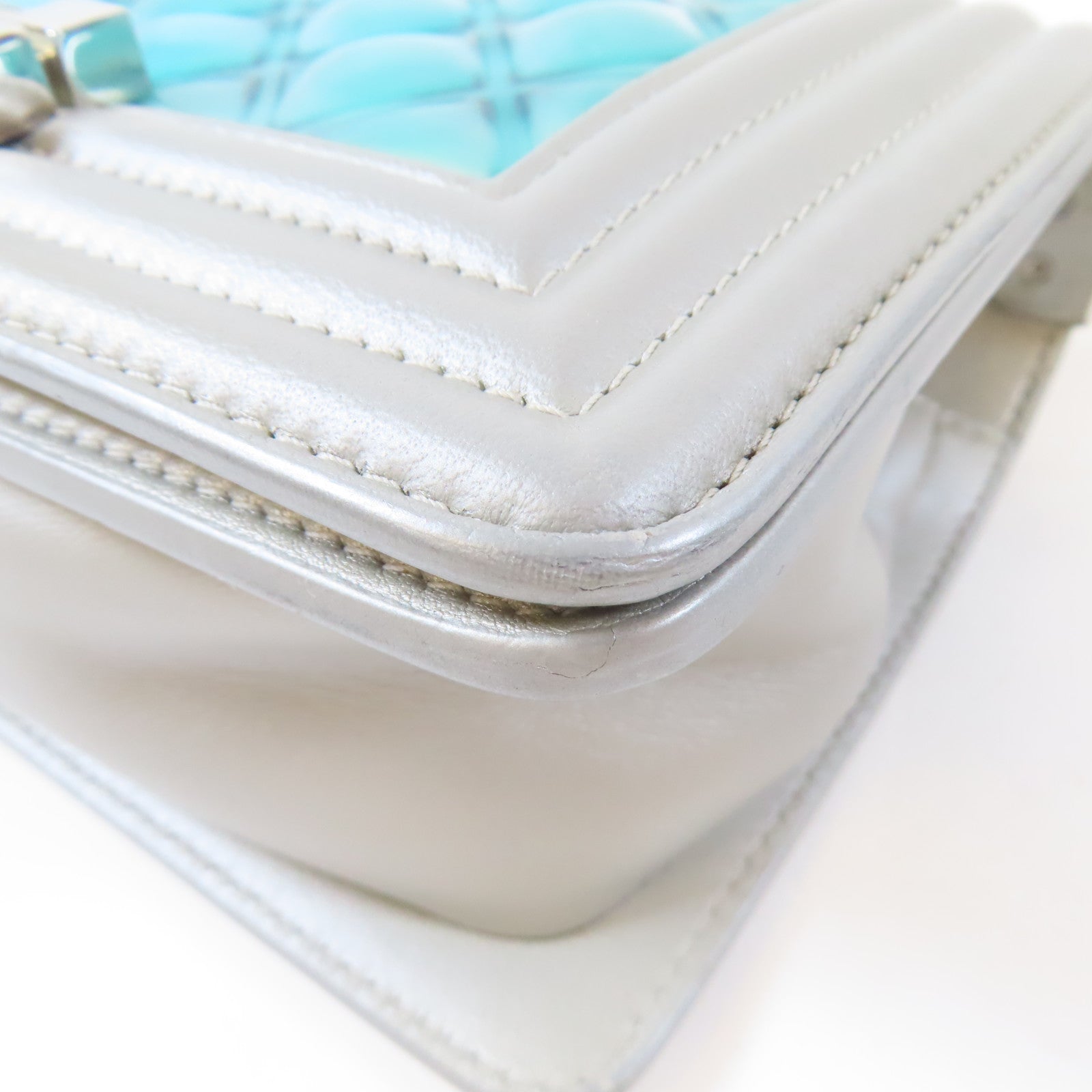 CHANEL 【激減優惠】菱格PVC/皮革Water Boy Flap Bag銀扣鏈帶肩背袋藍色/灰色