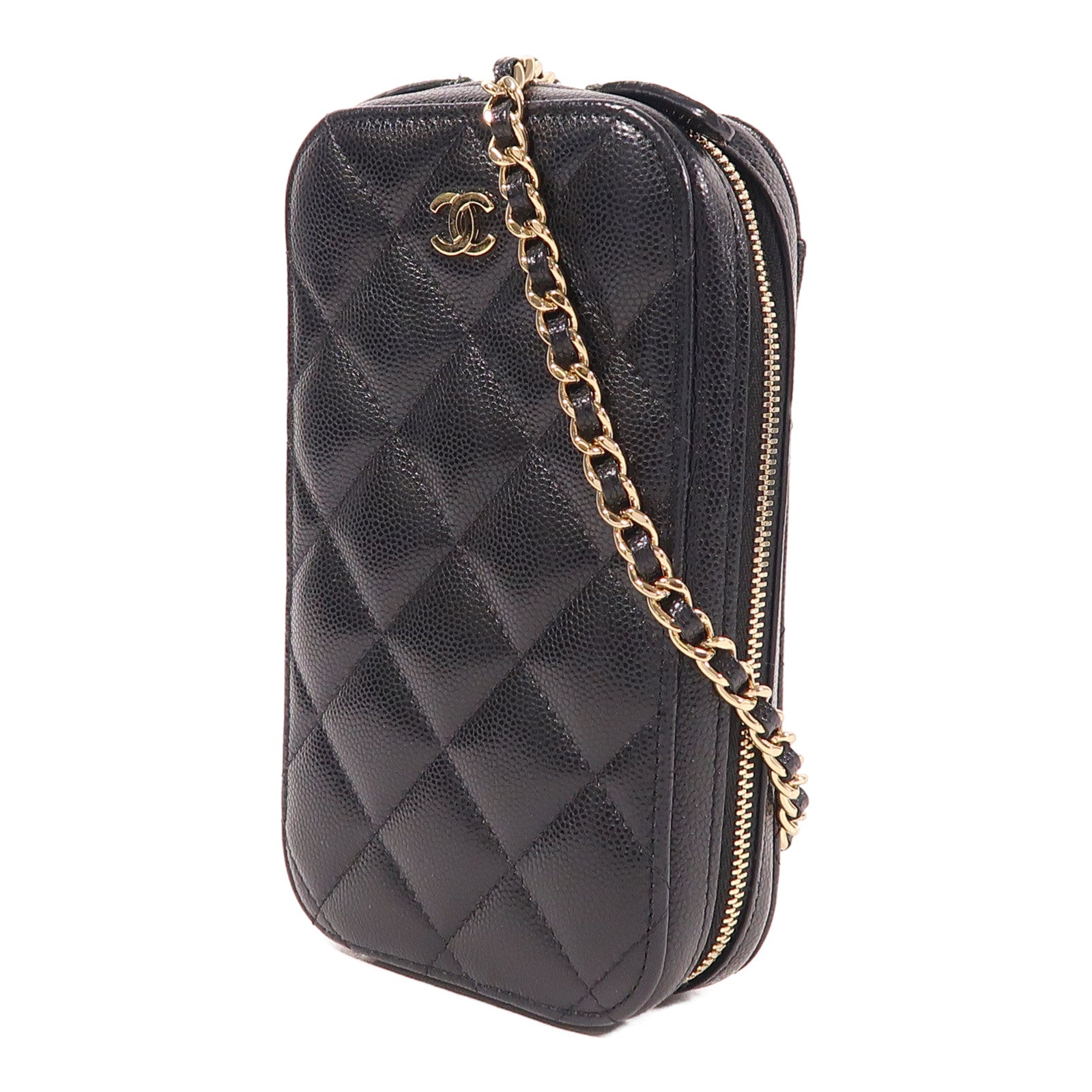 CHANEL CC GHW Phone Bag Chain Shoulder Bag Calfskin Leather Black