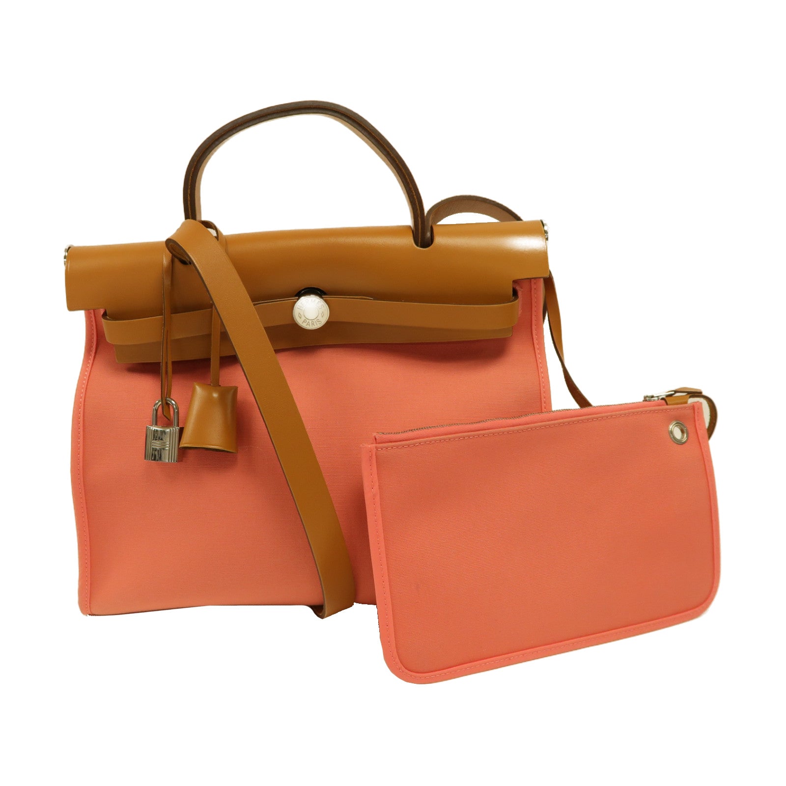 HERMES 帆布Herbag PM銀扣手挽肩背兩用袋粉紅色