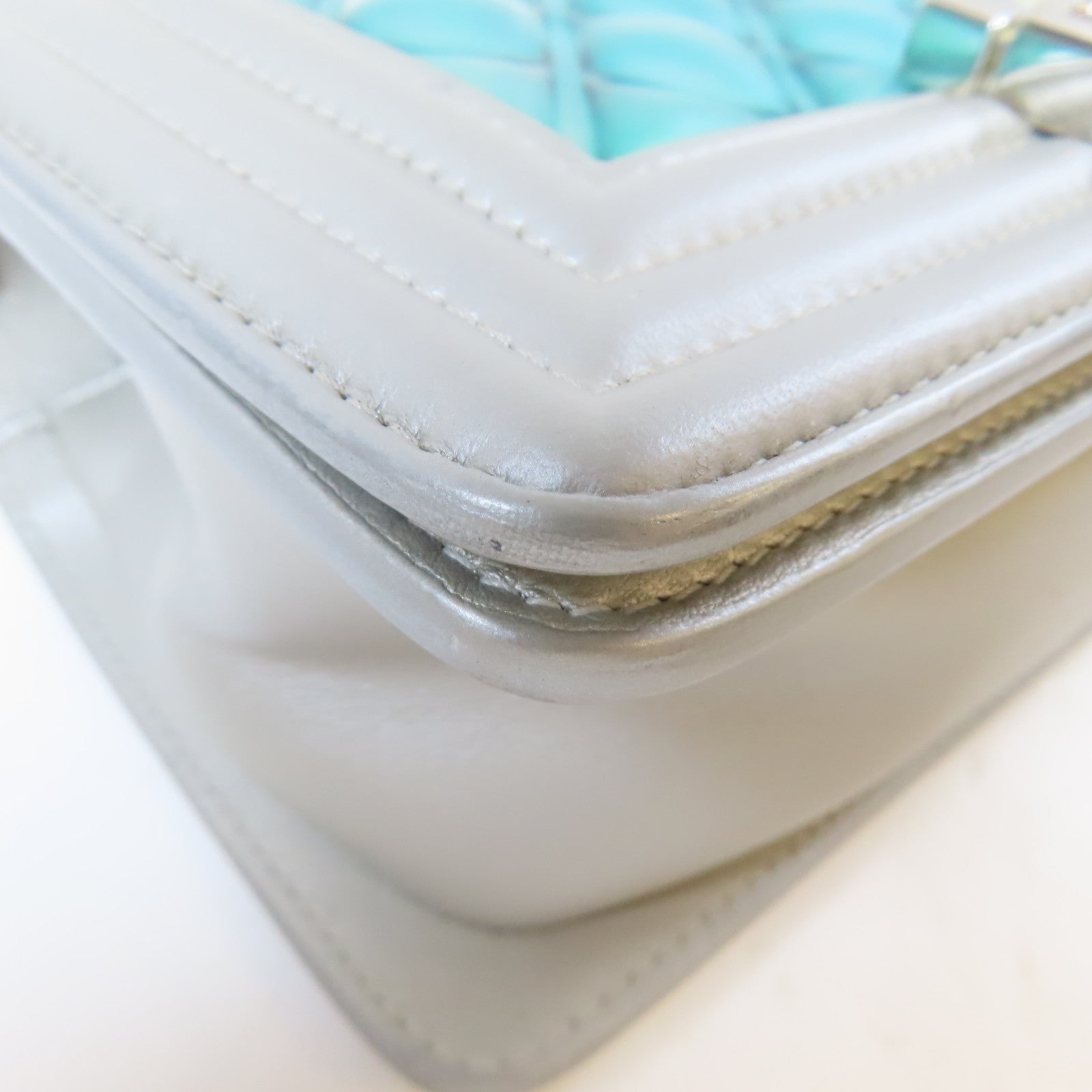 CHANEL 【激減優惠】菱格PVC/皮革Water Boy Flap Bag銀扣鏈帶肩背袋藍色/灰色