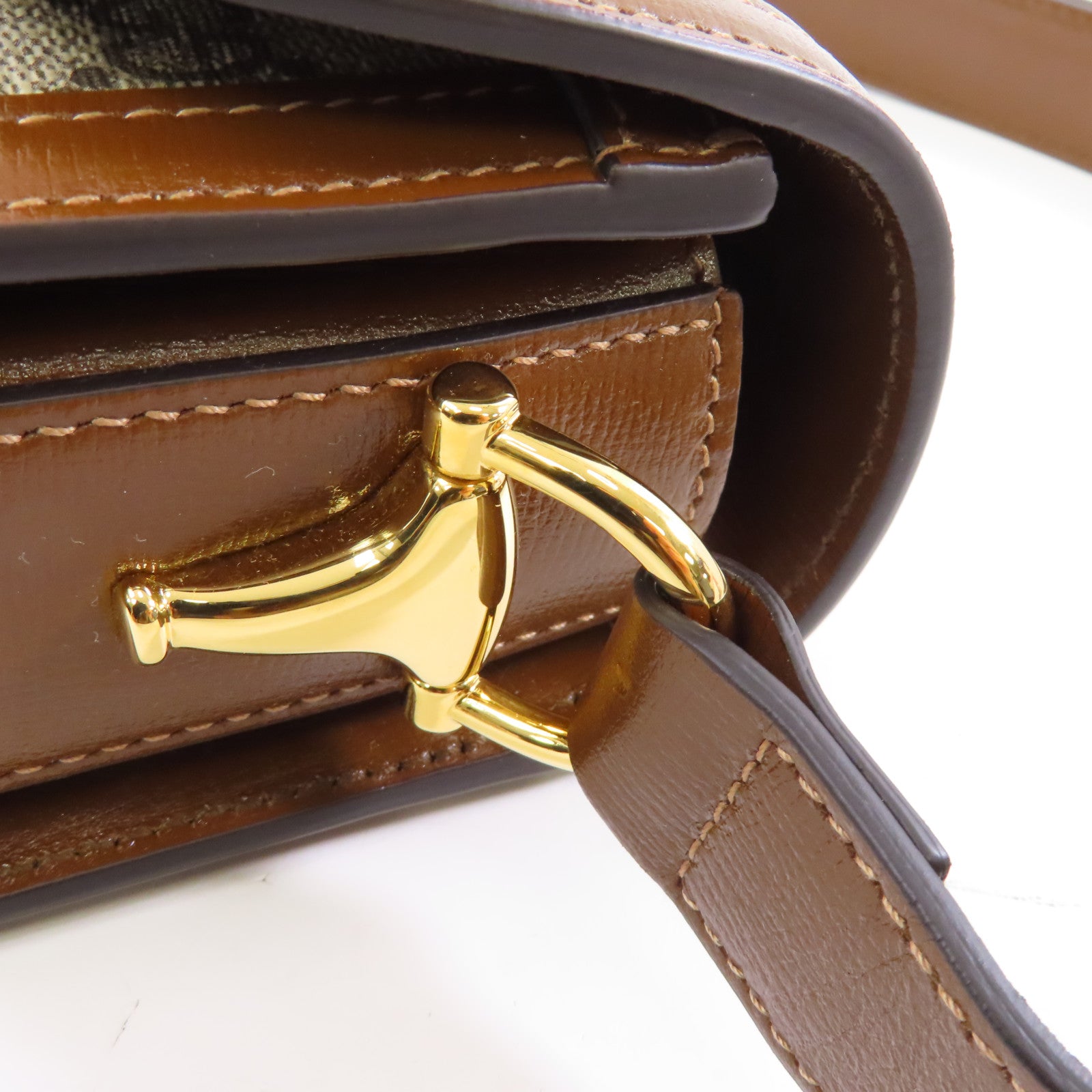 GUCCI 塗層帆布/皮革Horsebit 1955金扣肩背袋啡色