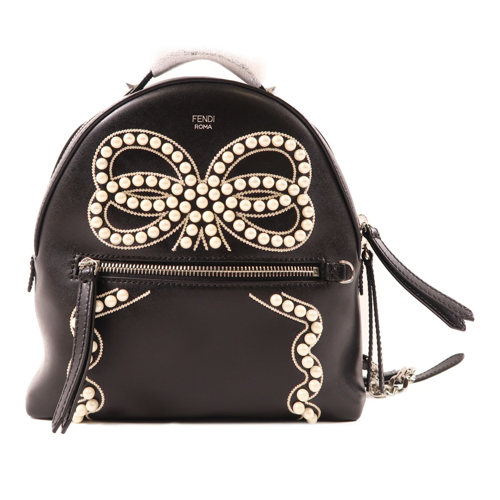 FENDI 牛皮皮革Backpack銀扣背包黑色