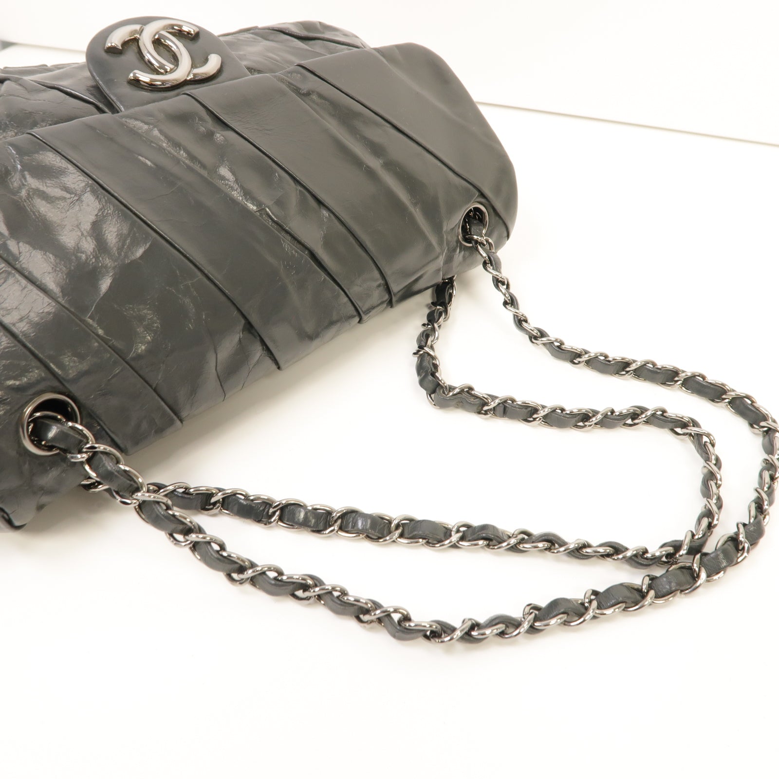 CHANEL 【激減優惠】牛皮皮革Chain Shoulder Bag銀扣鏈帶肩背袋灰色