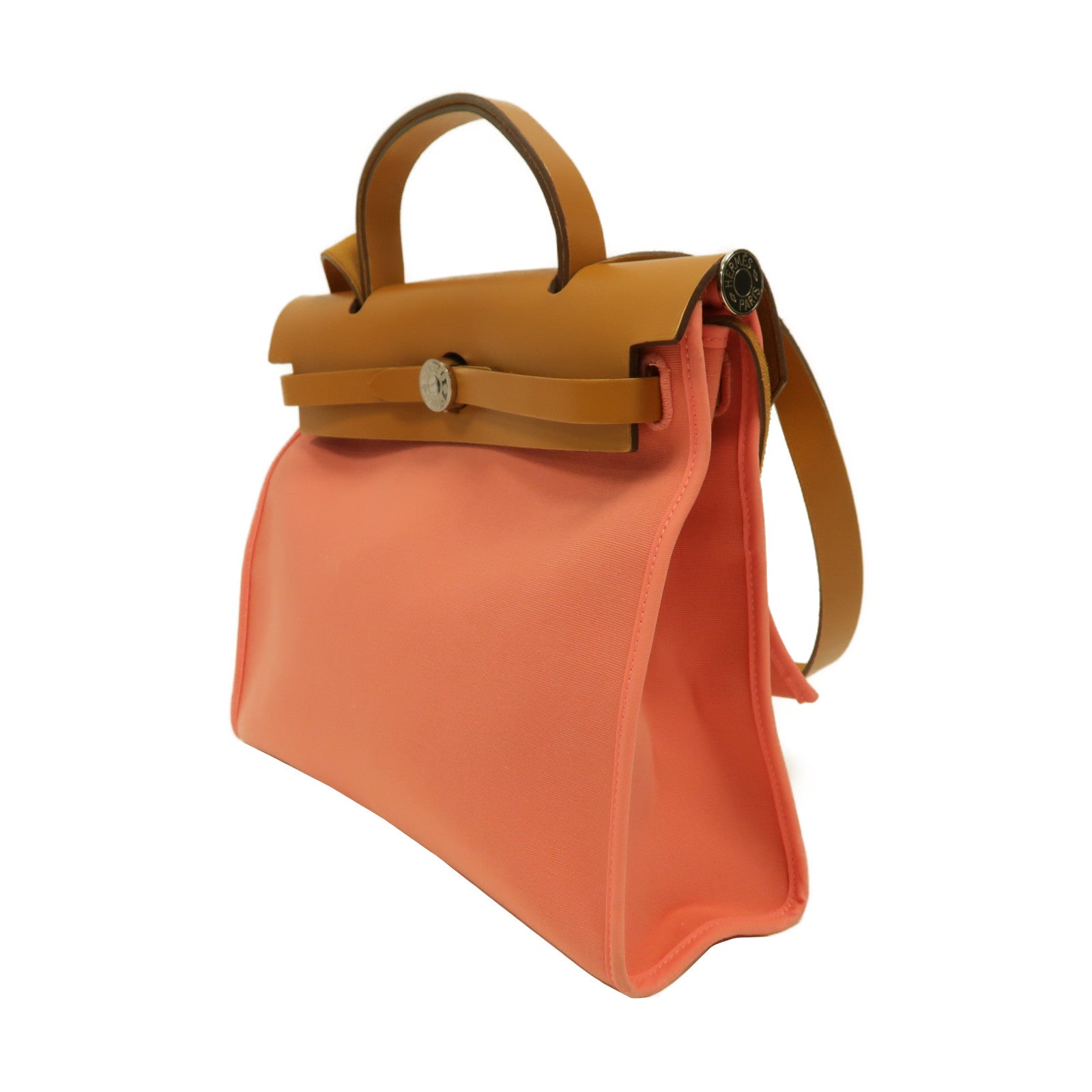 HERMES 帆布Herbag PM銀扣手挽肩背兩用袋粉紅色