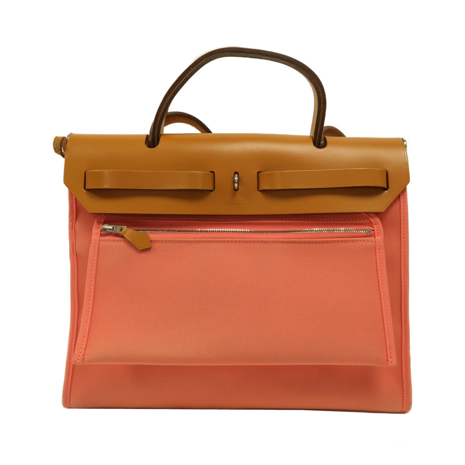 HERMES 帆布Herbag PM銀扣手挽肩背兩用袋粉紅色