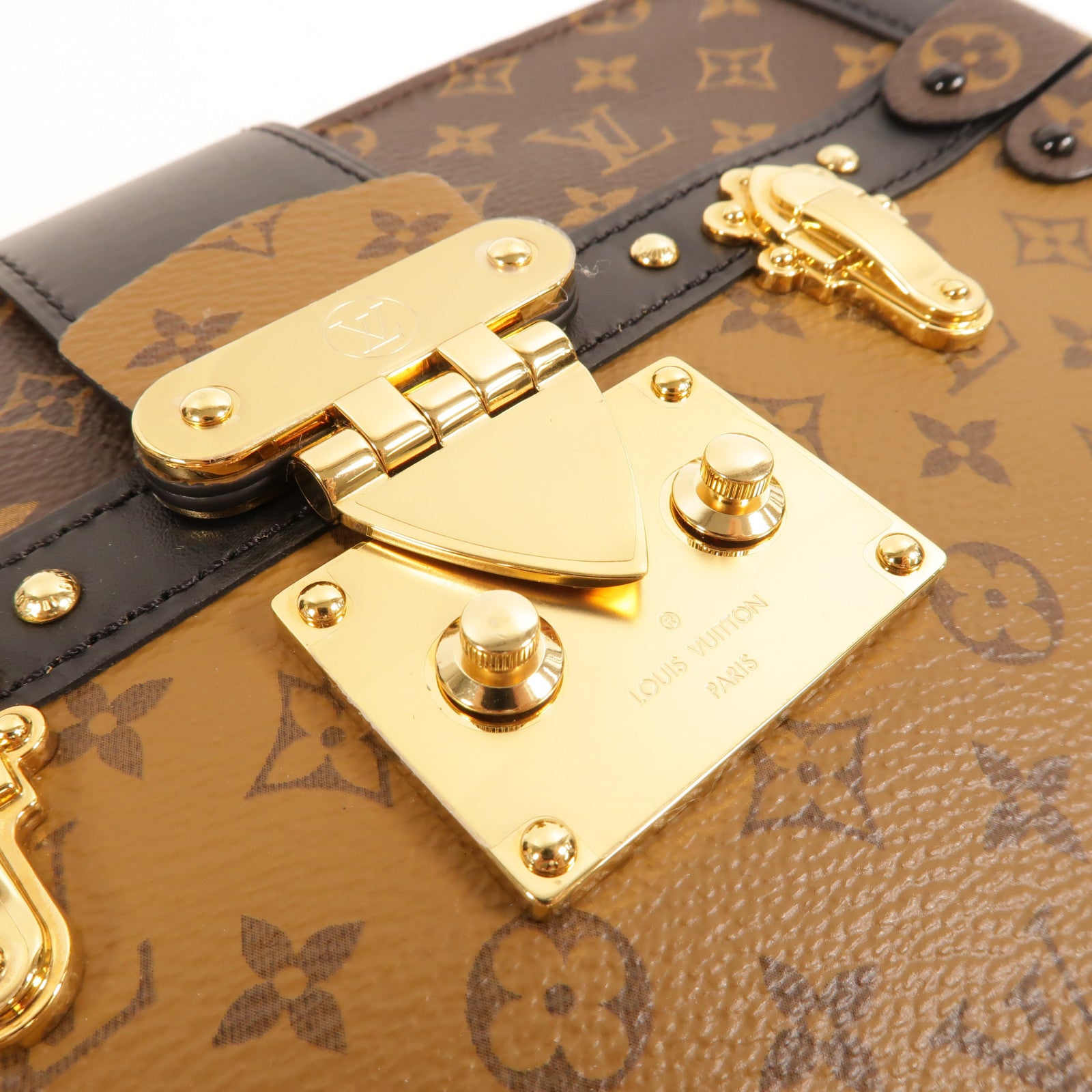 LOUIS VUITTON Monogram Reverse Trunk Clutch金扣肩背袋棕色