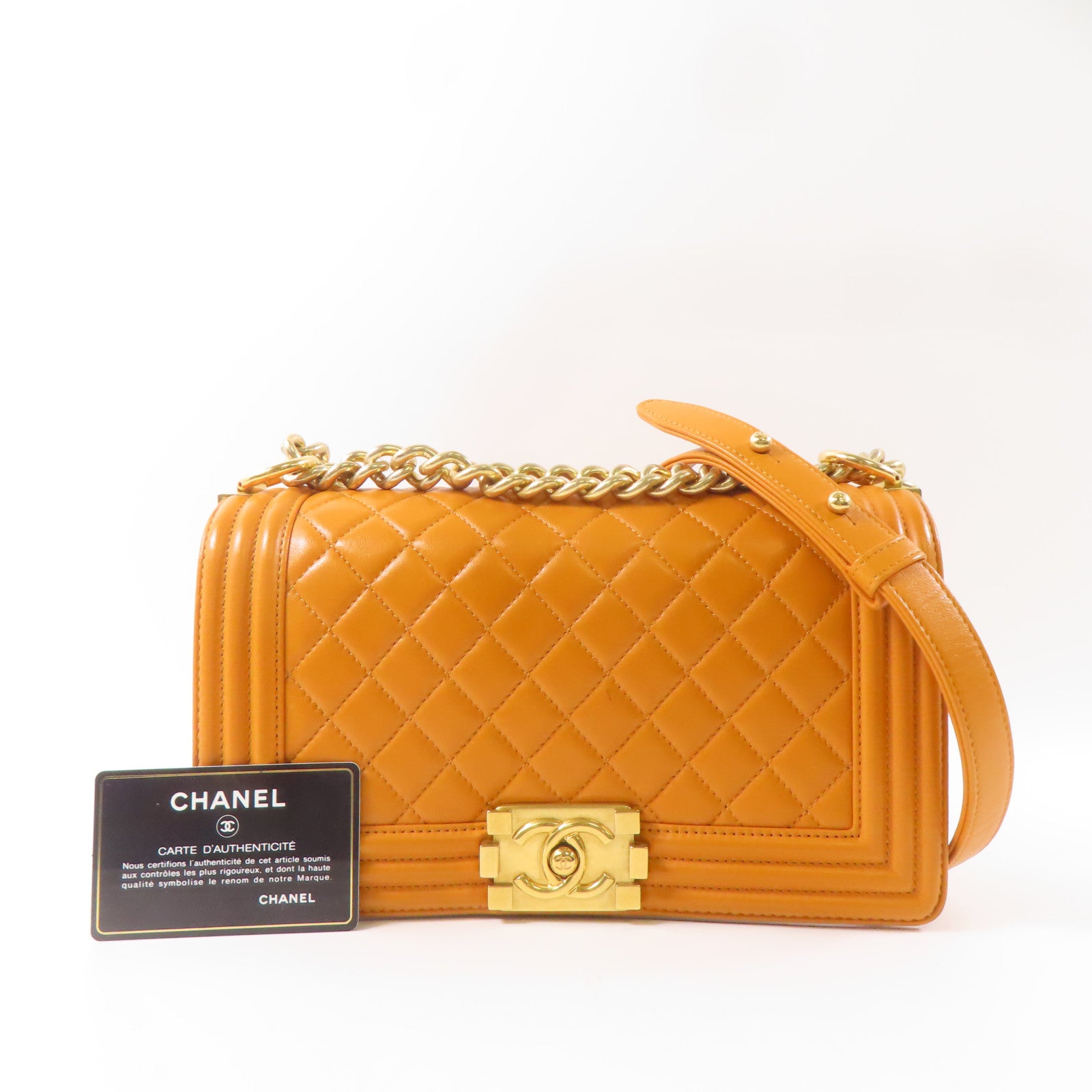 CHANEL 羊皮皮革Boy 25金扣鏈帶肩背袋橙色